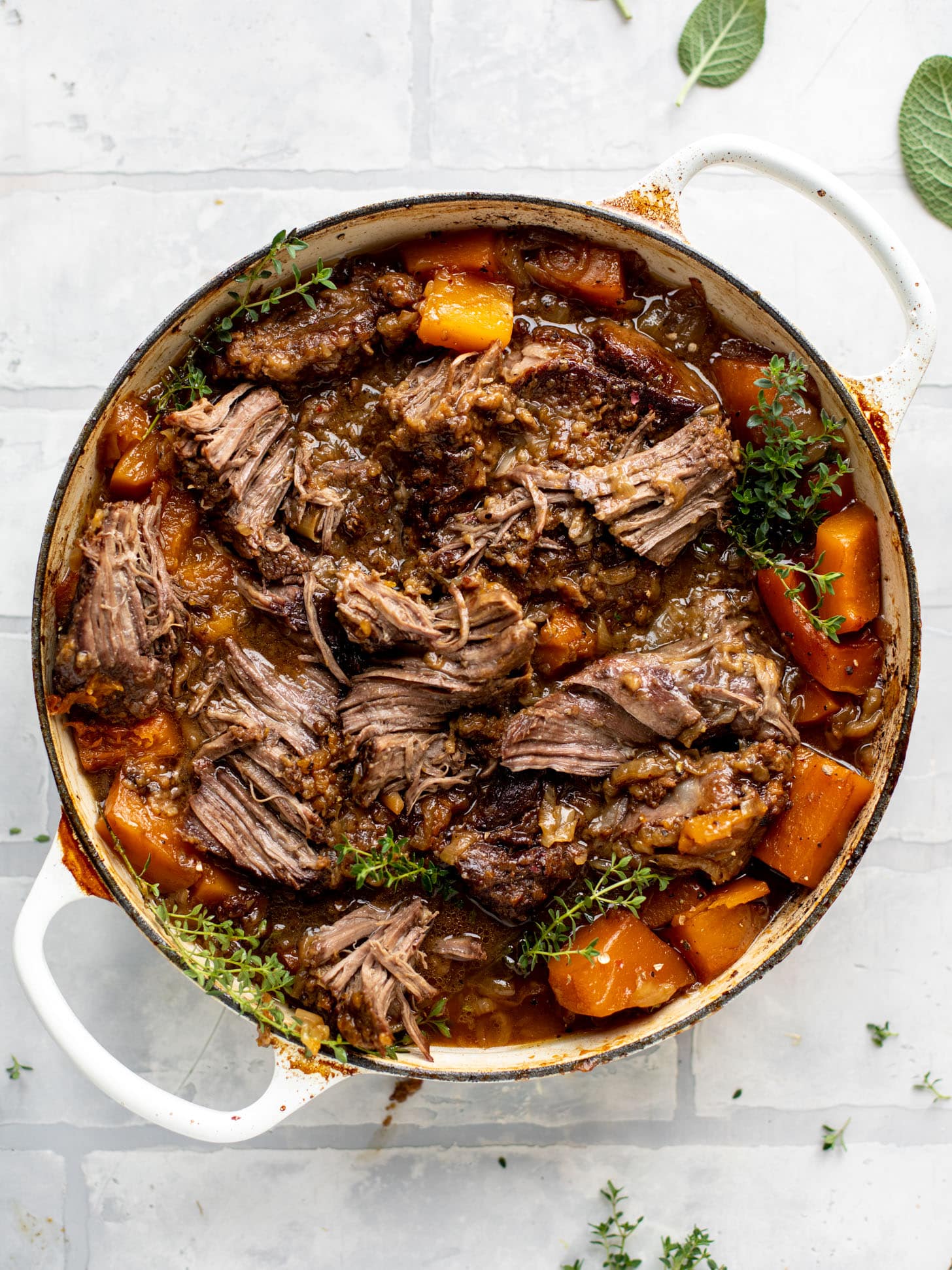 cider braised pot roast with caramelized onions and butternut squash
