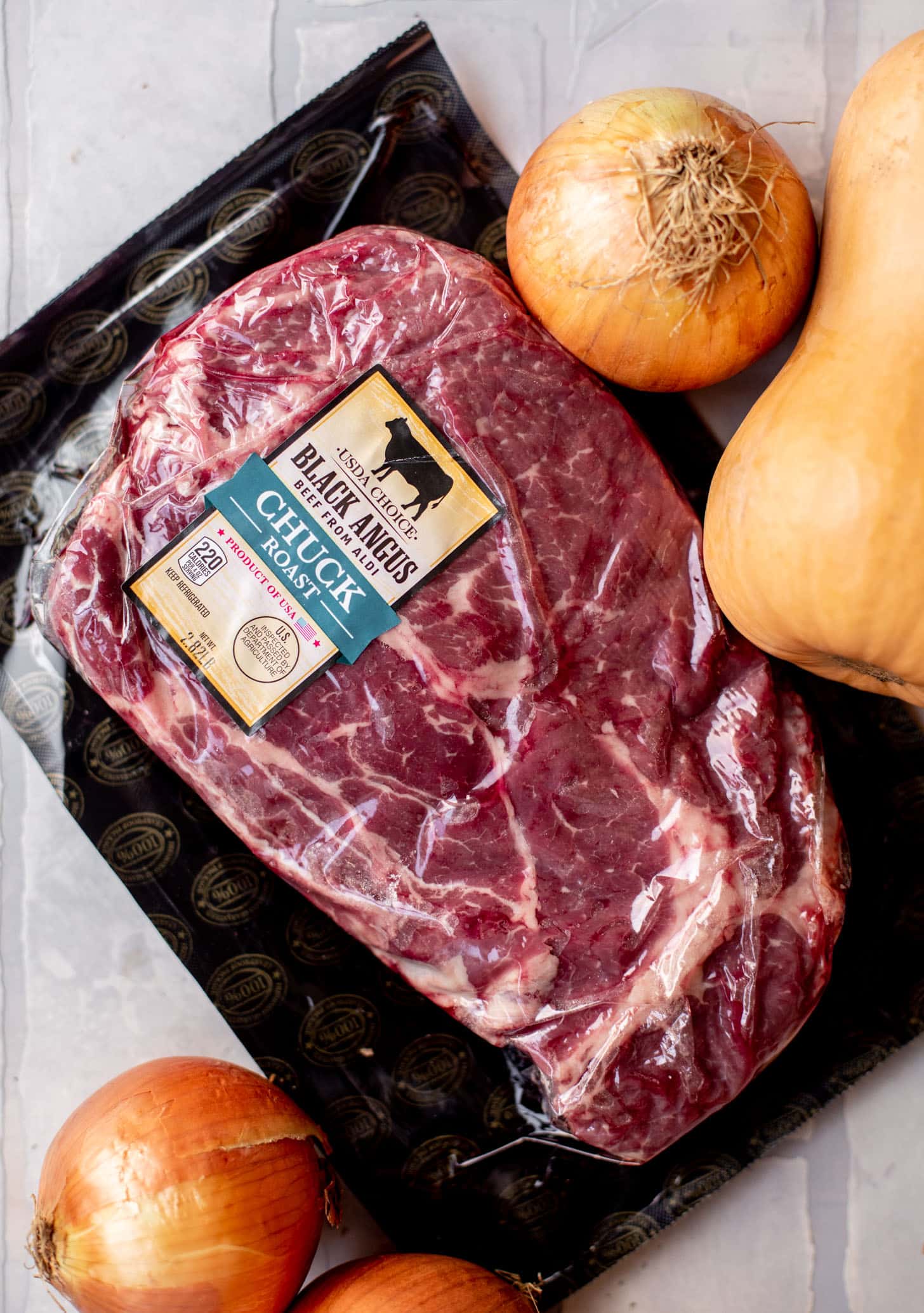 chuck roast, onions and squash