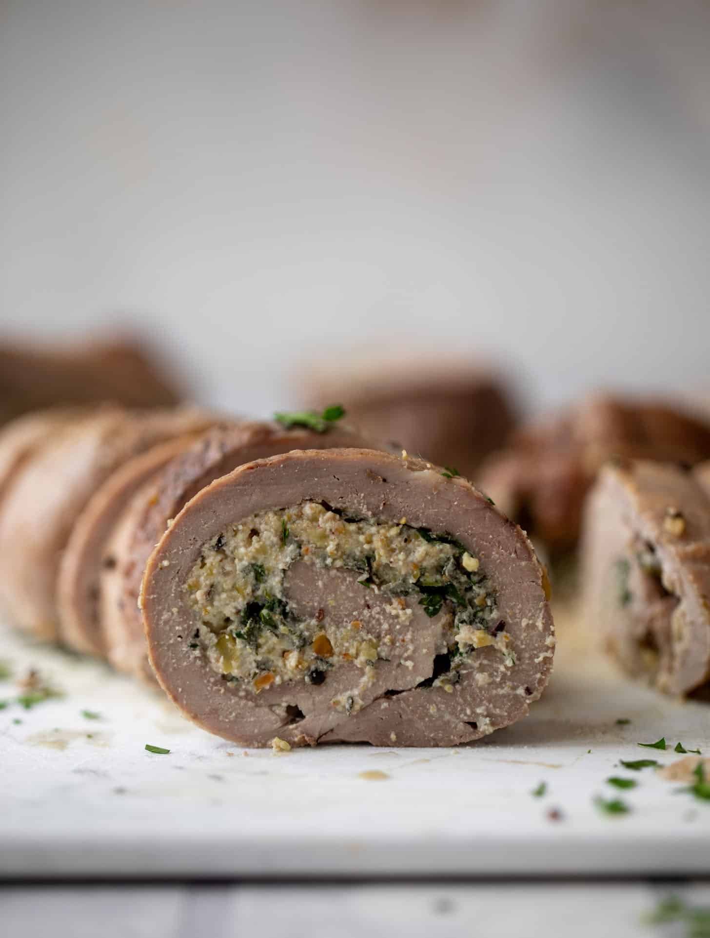 parmesan pistachio stuffed pork tenderloin with brussels sprouts