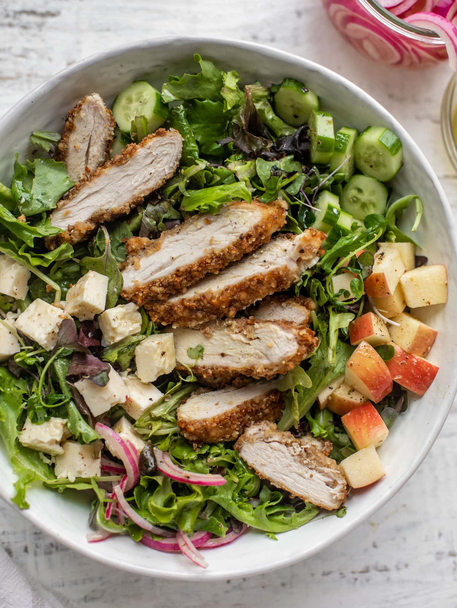 pretzel crusted chicken salad with mustard vinaigrette