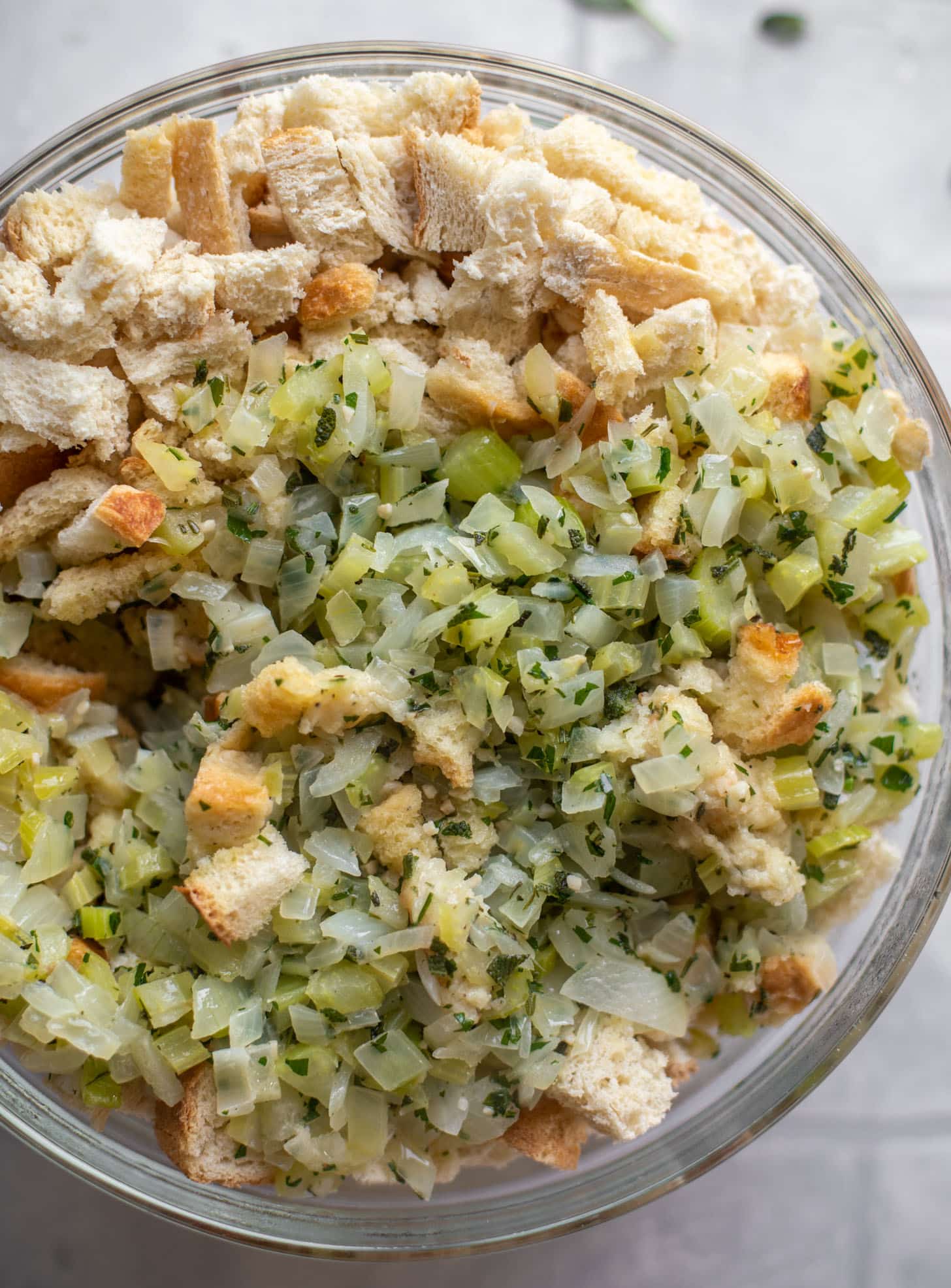 celery mixture on top of bread cubes