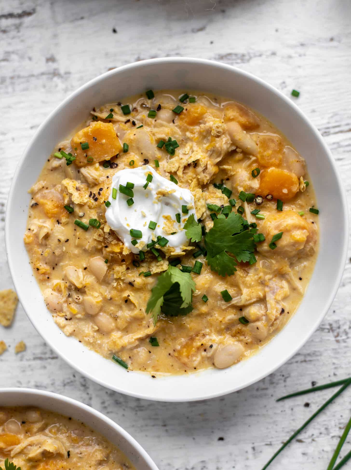 butternut white chicken chili with sour cream