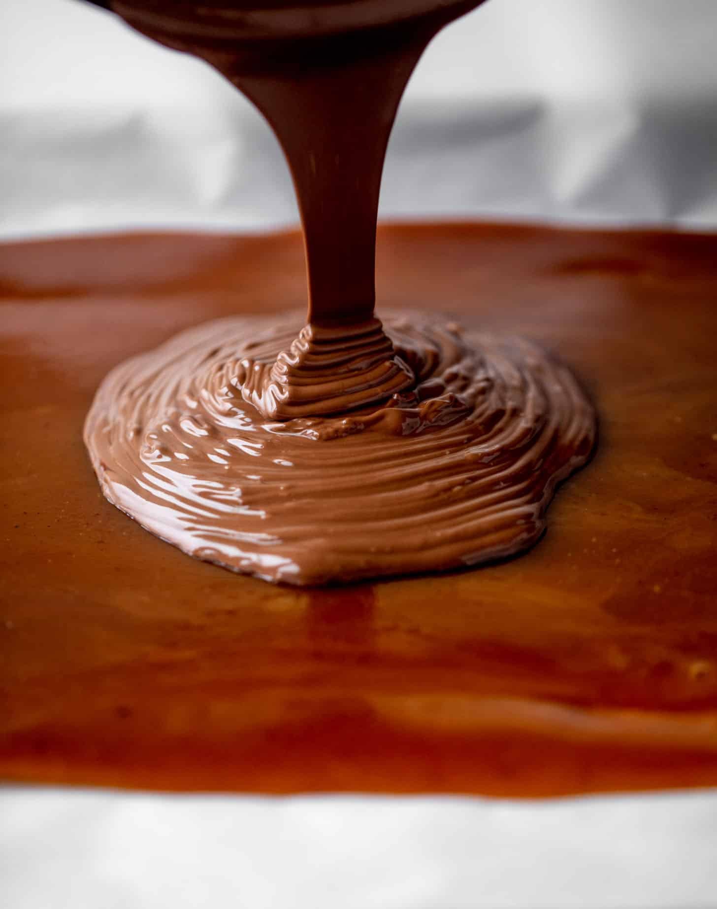 pouring chocolate onto toffee