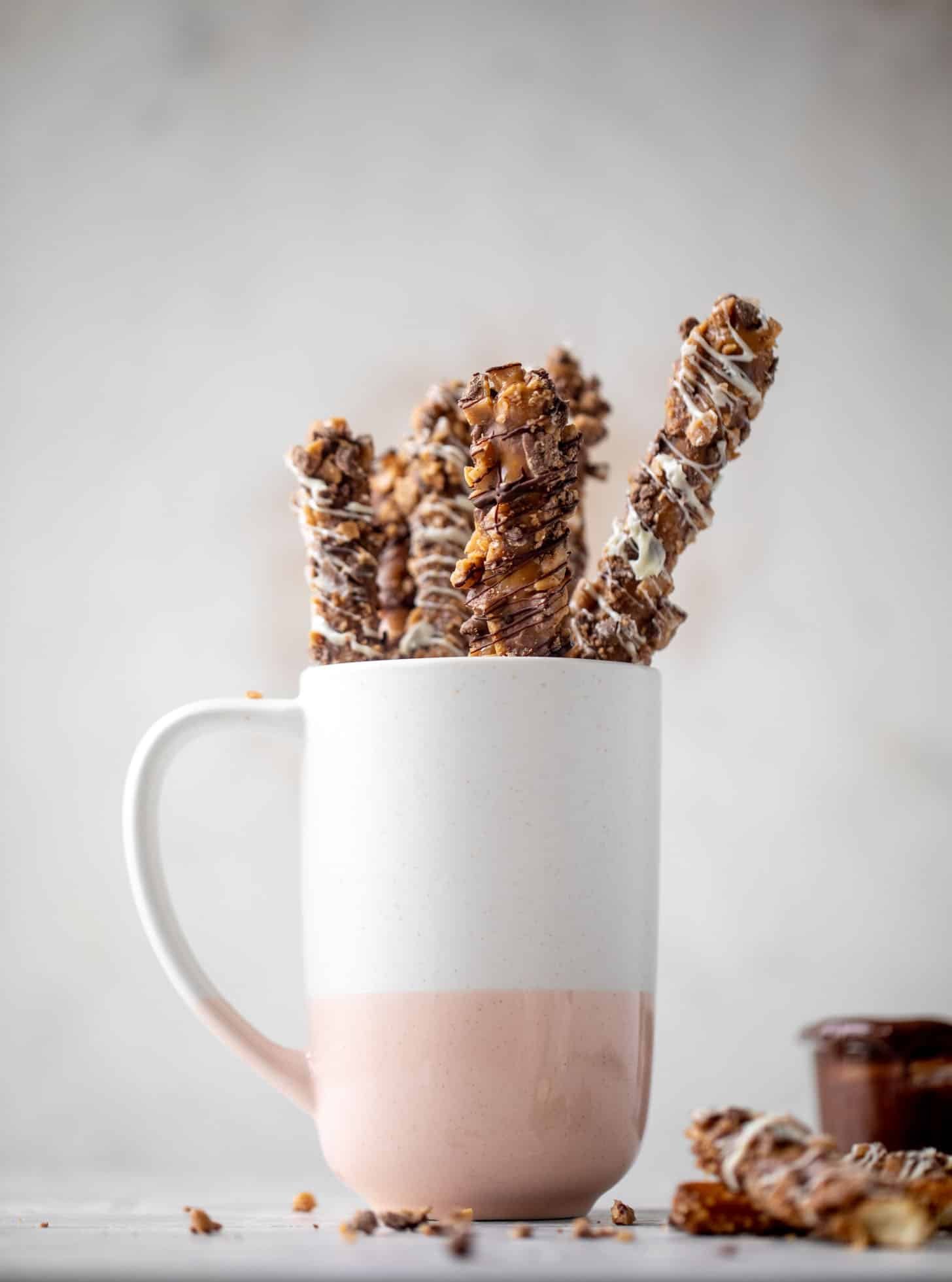 caramel pretzels in a mug
