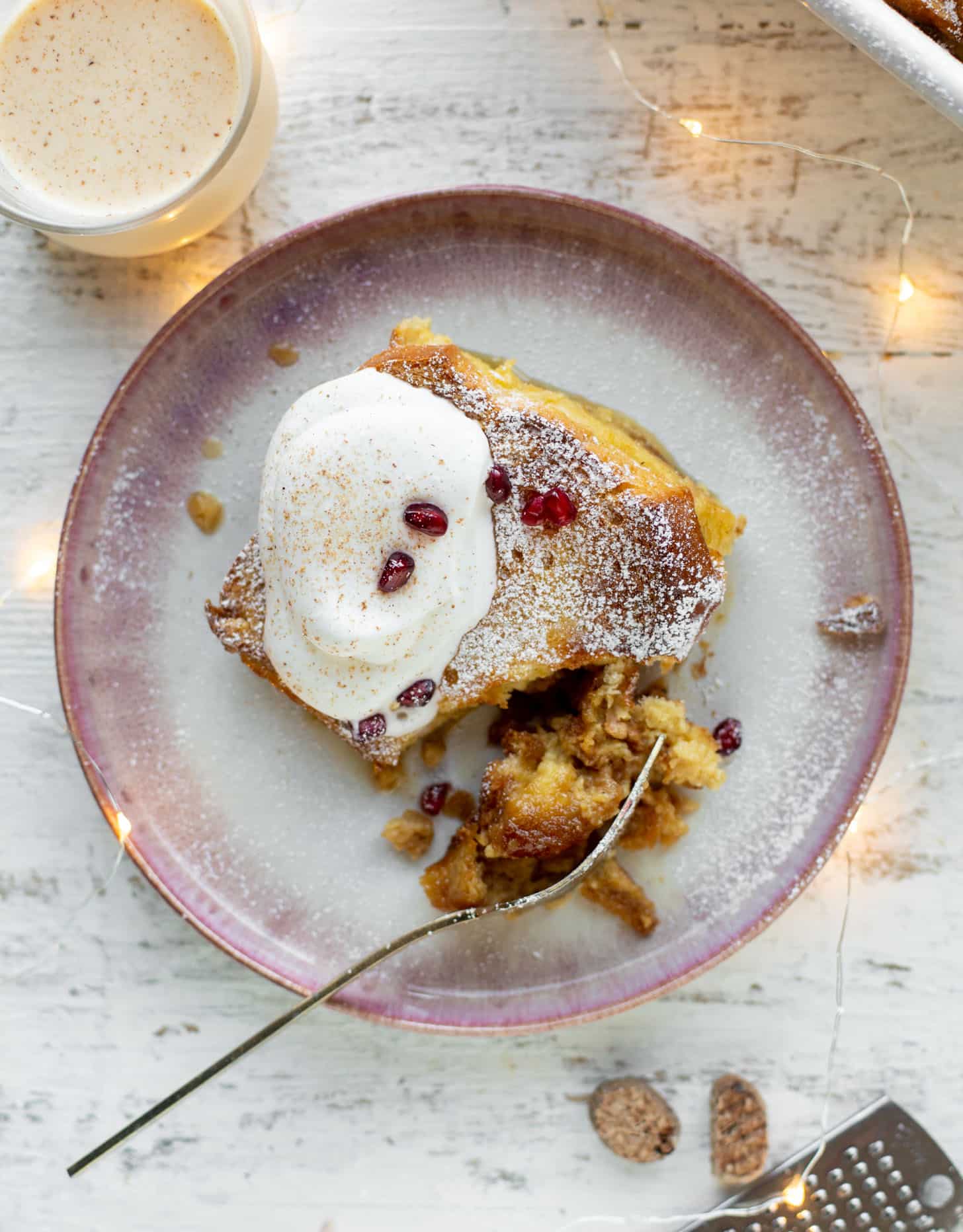 eggnog creme brulee french toast with bourbon whipped cream