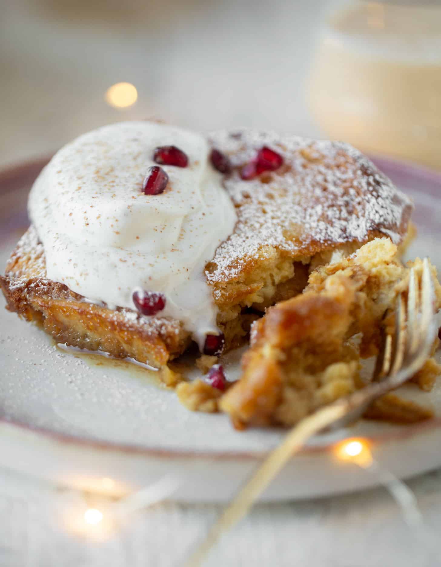 eggnog creme brulee french toast with bourbon whipped cream