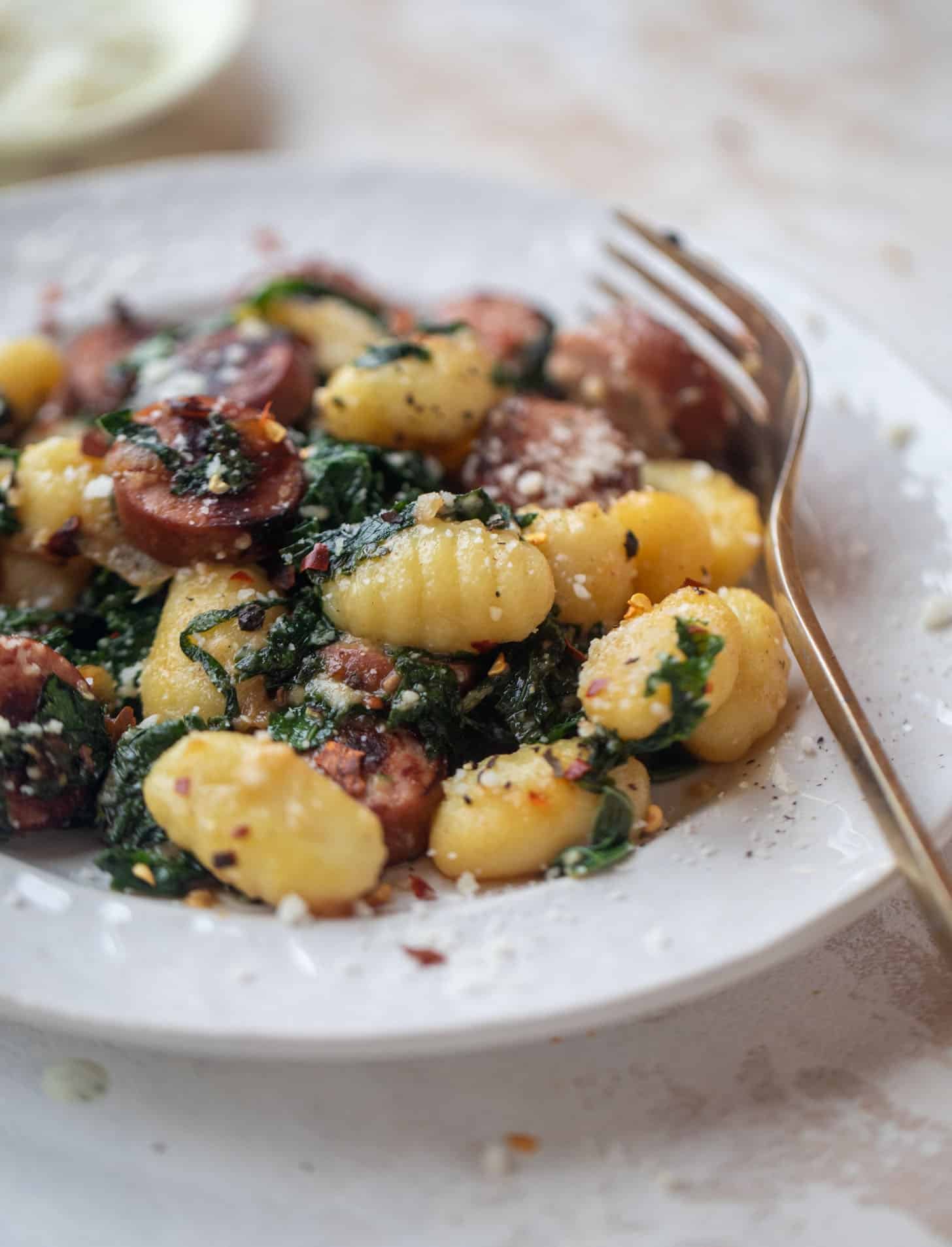 smoked sausage and kale gnocchi skillet