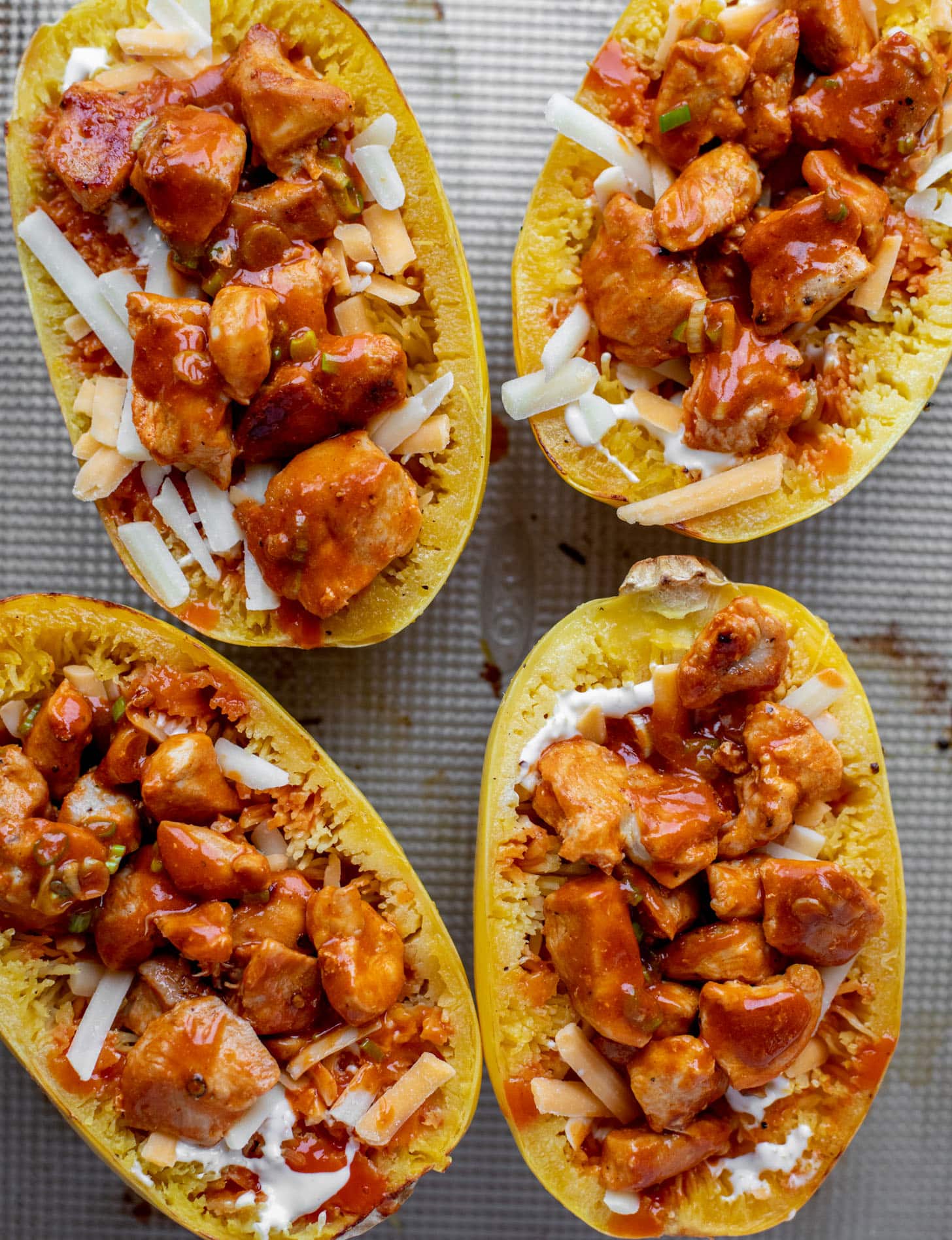 prepping buffalo chicken spaghetti squash