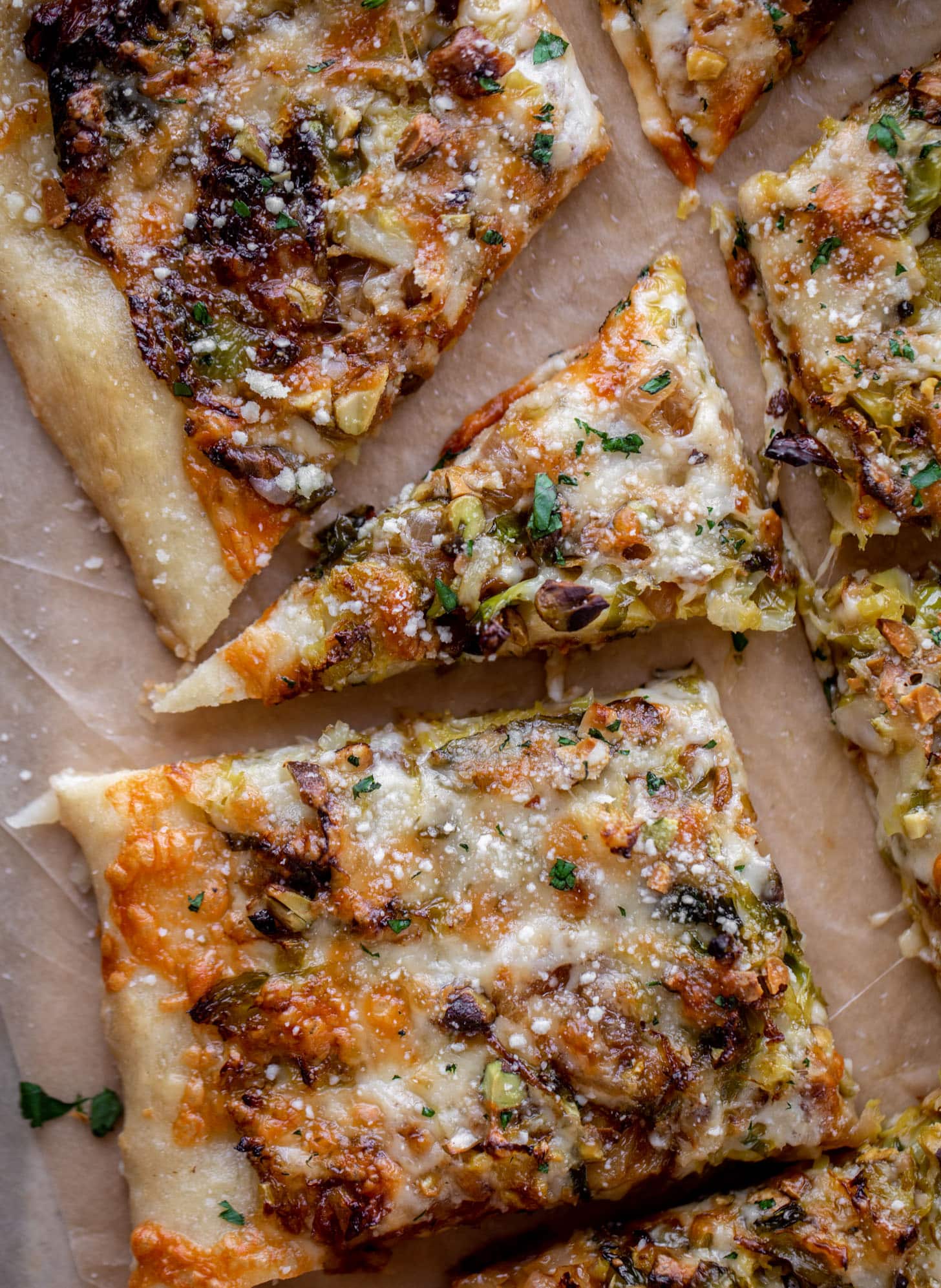 brussels, caramelized onion and pistachio pizza