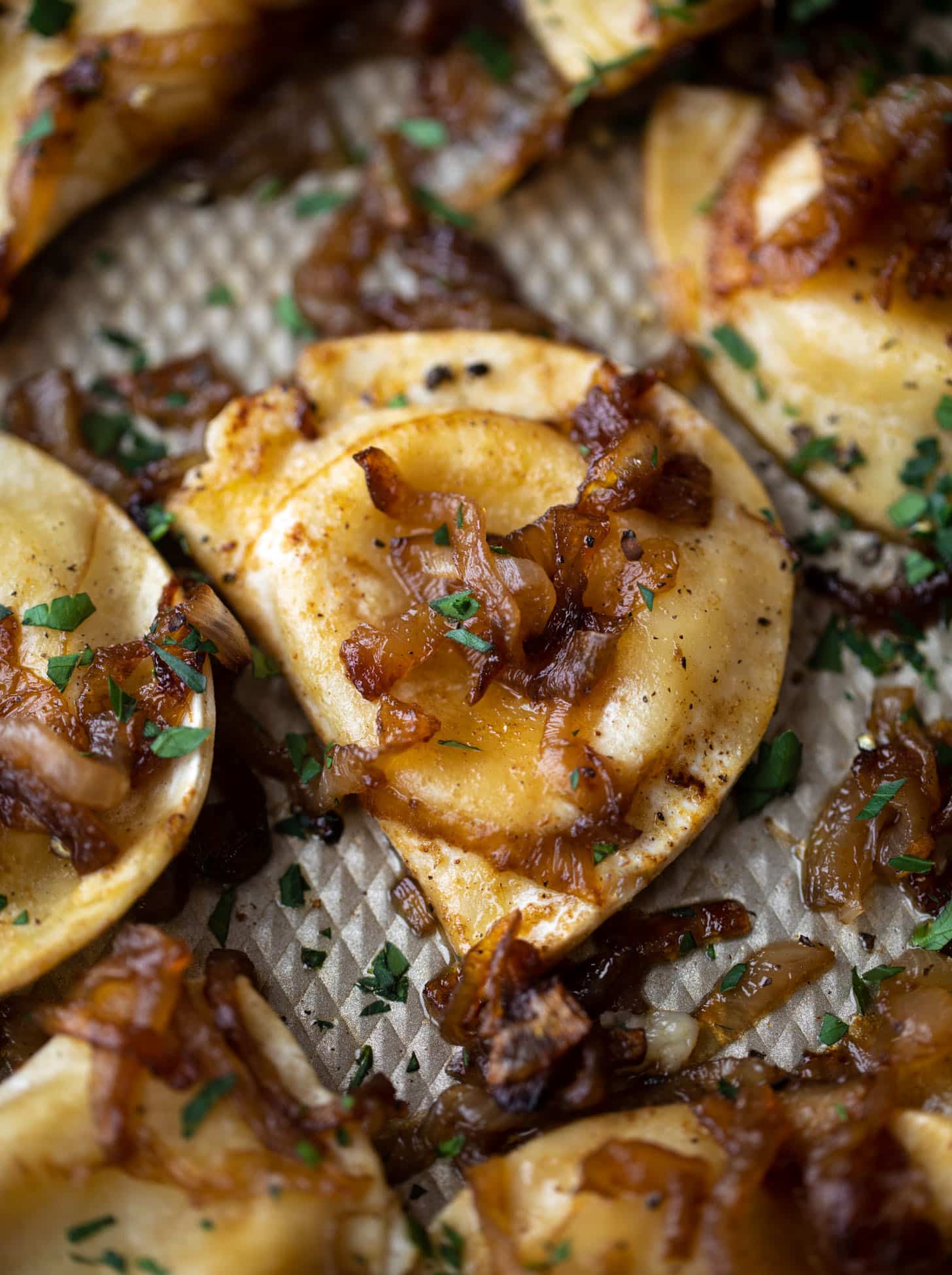 sheet pan pierogies with caramelized onions