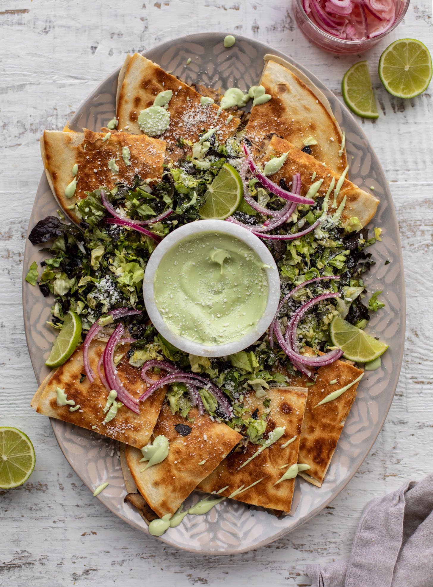 smoky shiitake mushroom quesadillas with avocado cream