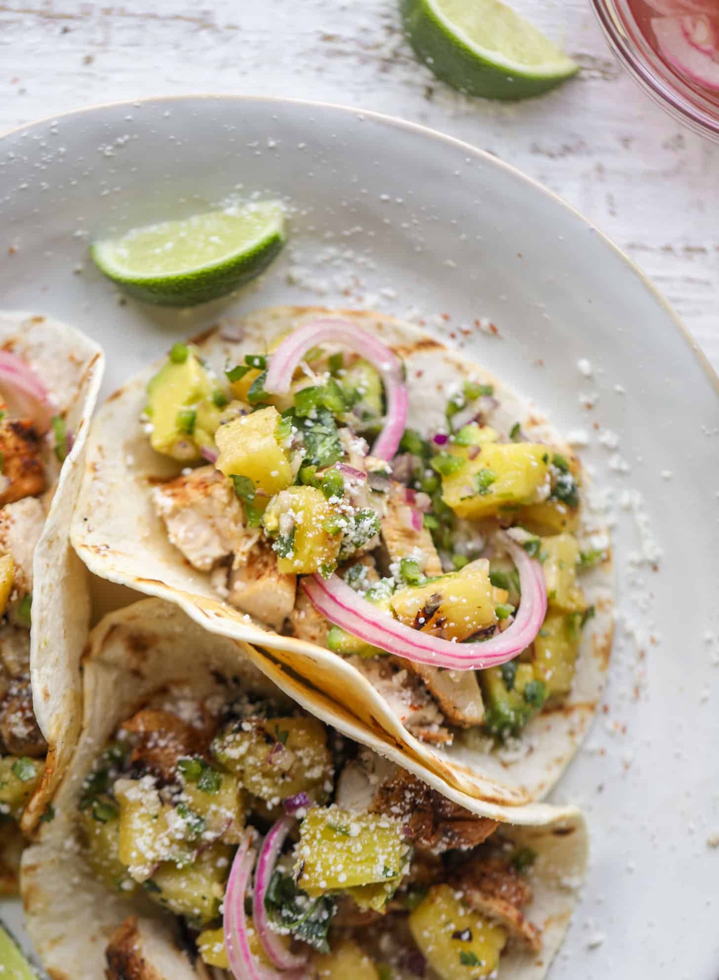 grilled chili lime chicken tacos with pineapple salsa