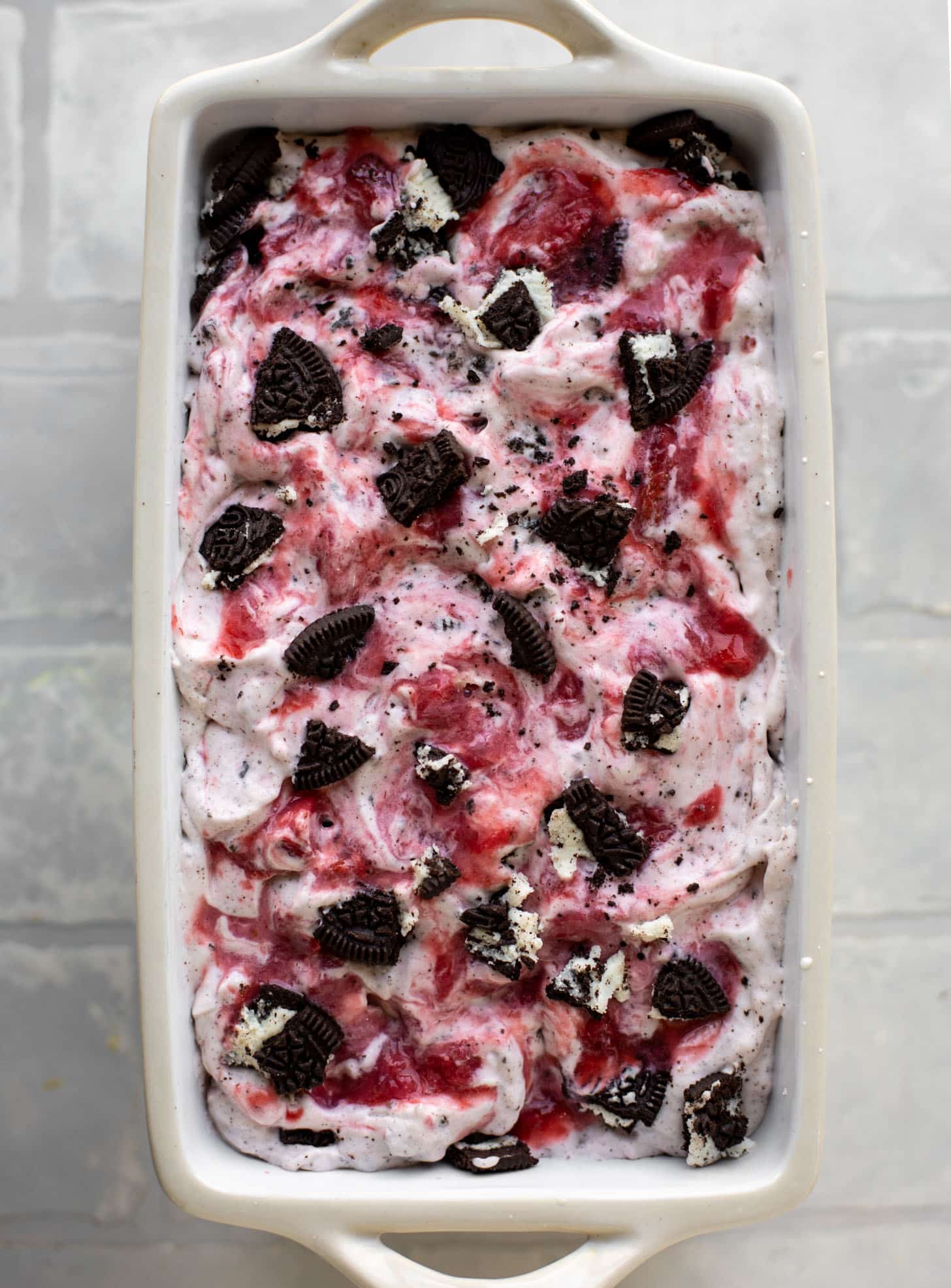 no churn strawberry oreo ice cream ready for the freezer