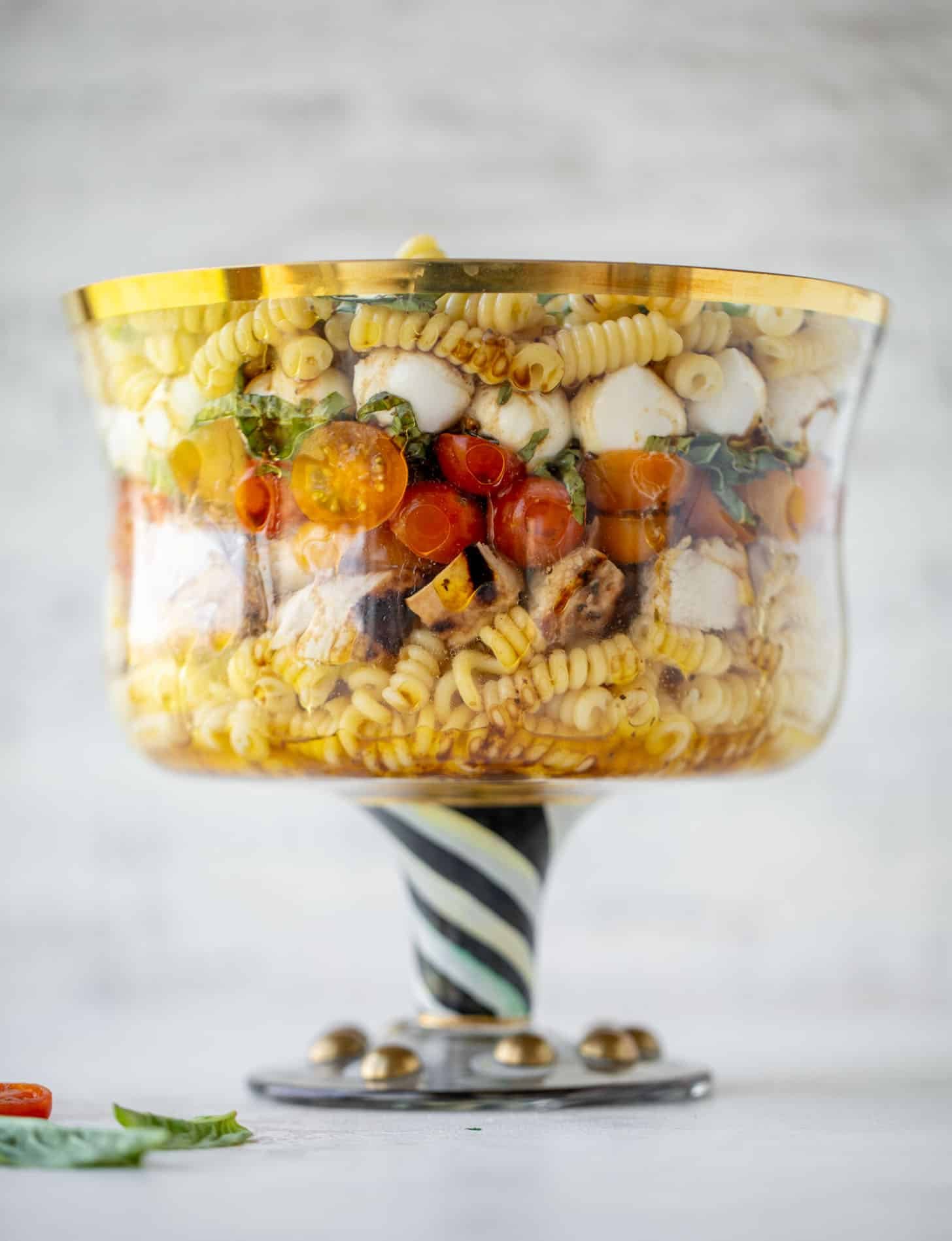 layered grilled chicken caprese pasta salad