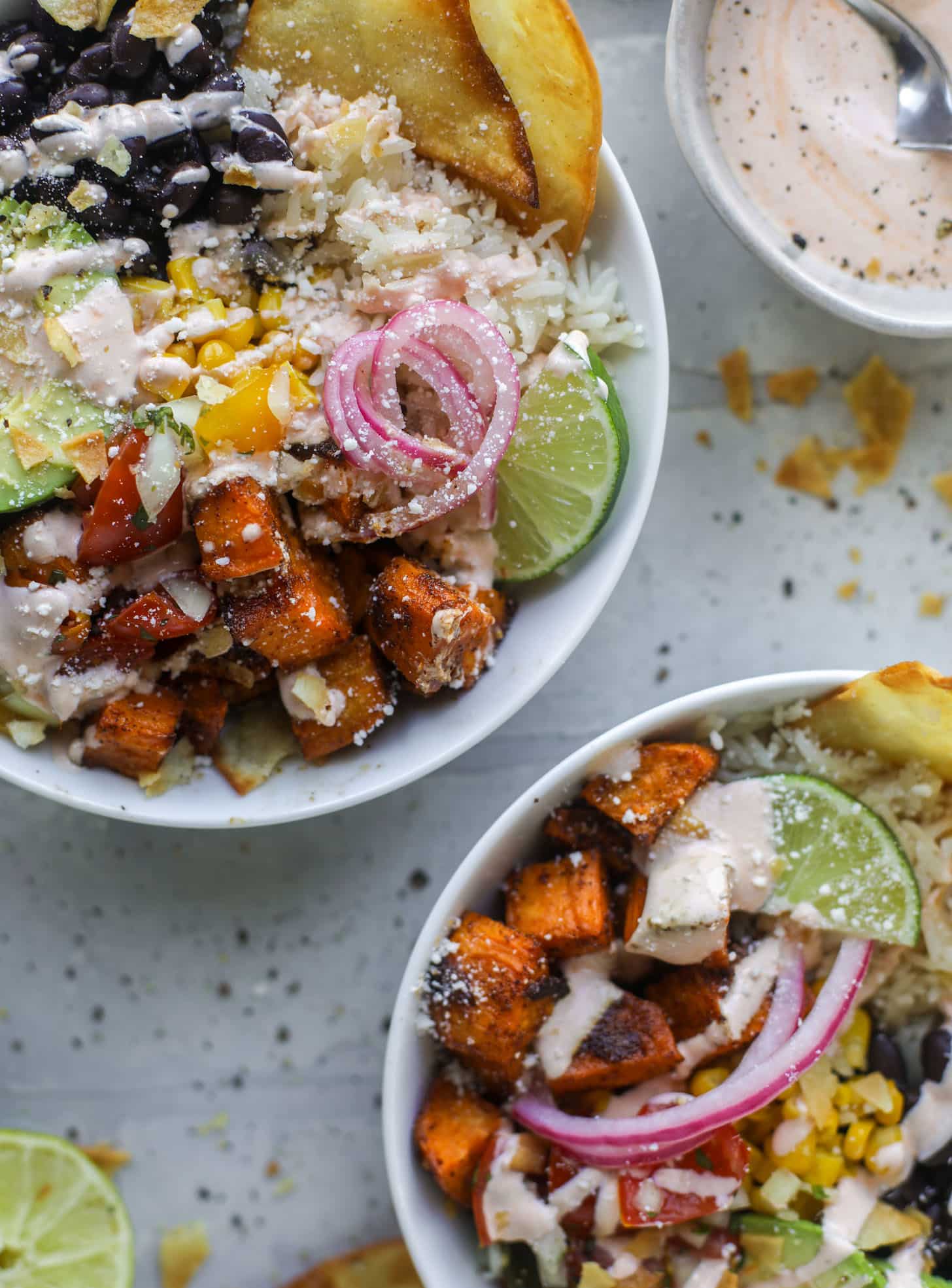 chili lime sweet potato taco bowls with chipotle ranch