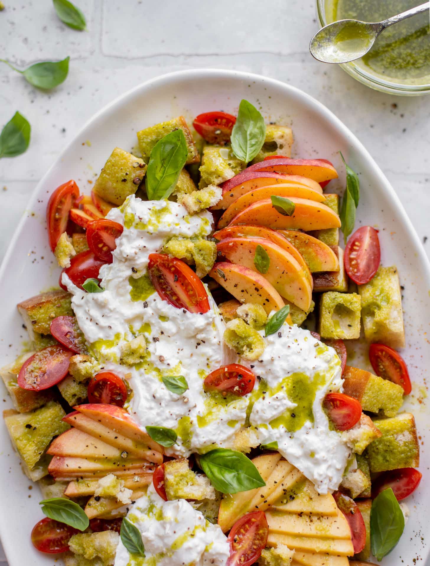 burrata basil and peach panzanella