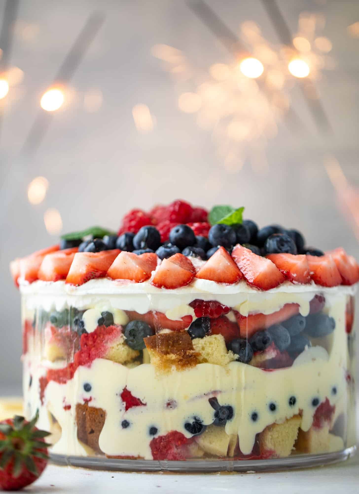 triple berry trifle with raspberry sauce