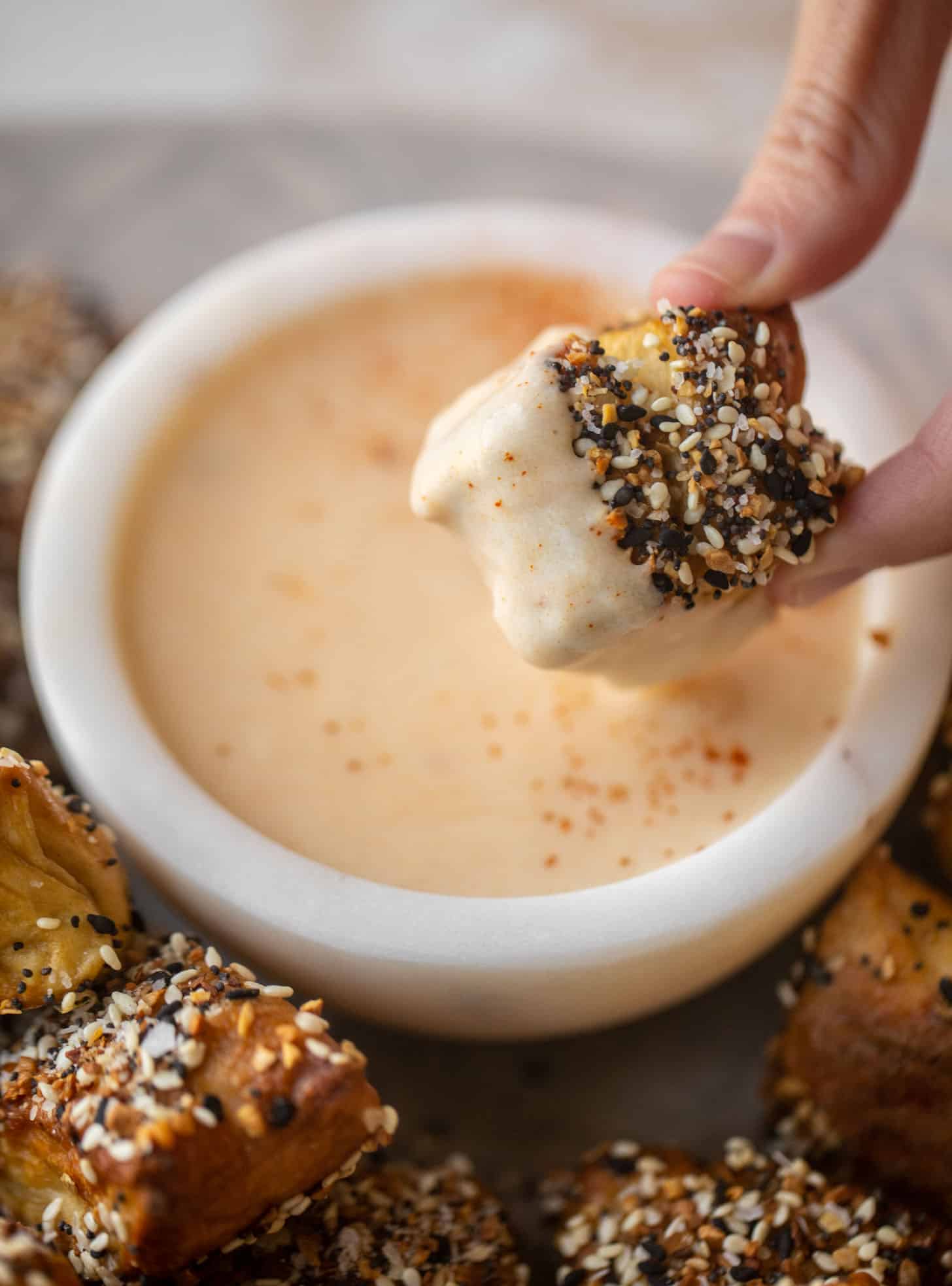 everything soft pretzel bites with chipotle beer cheese
