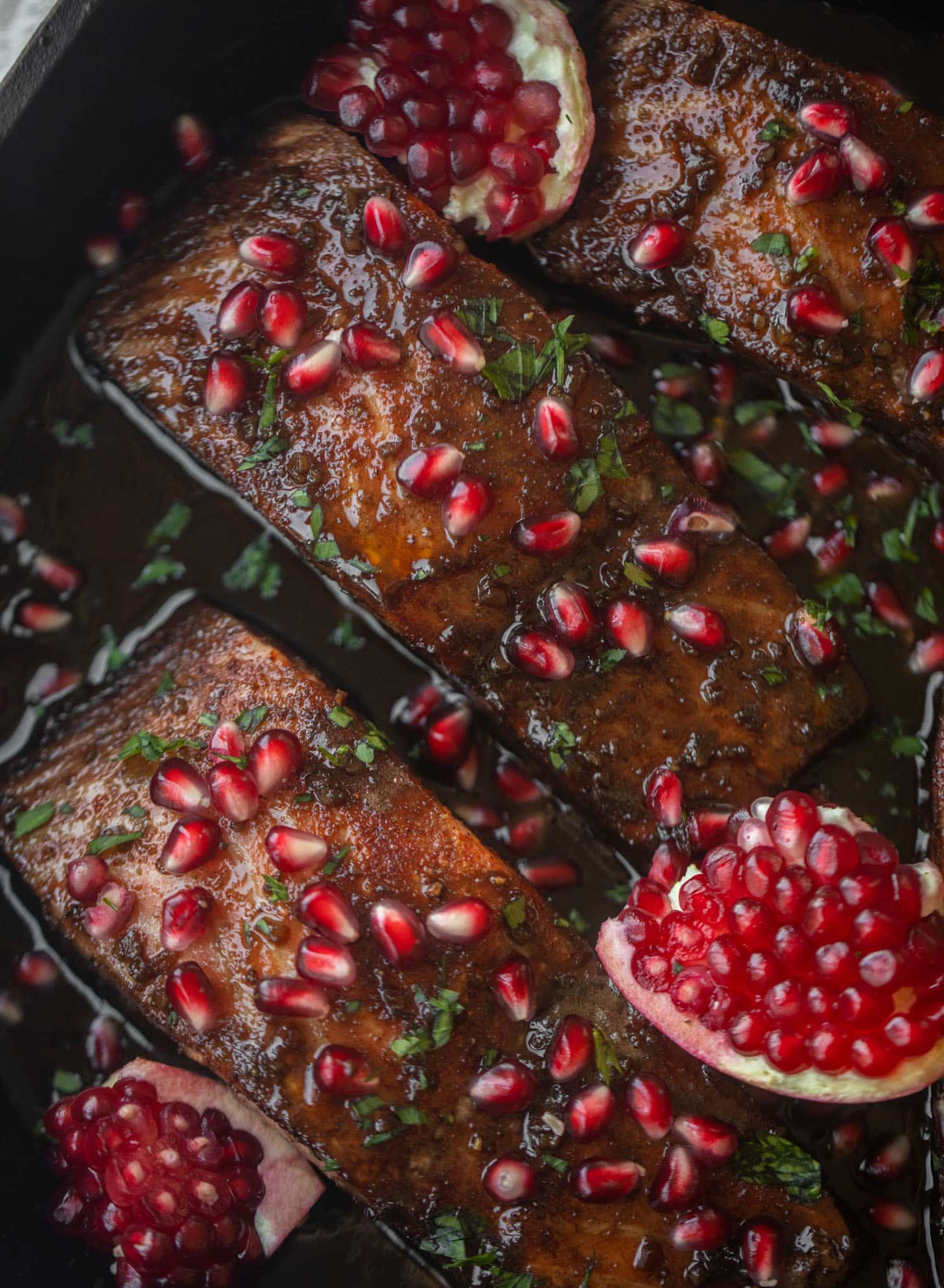 sticky pomegranate salmon skillet