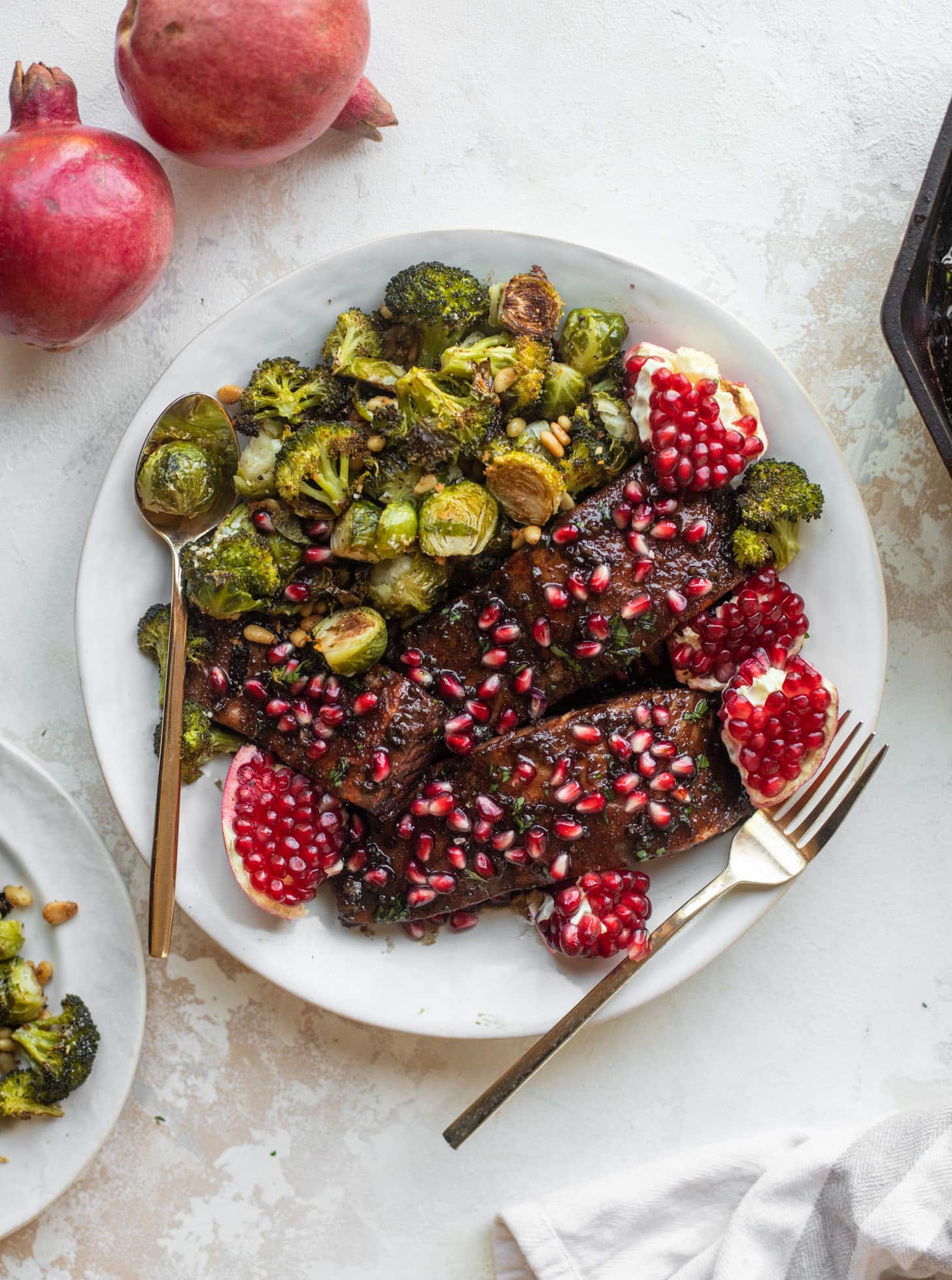 sticky pomegranate salmon with broccoli & brussels