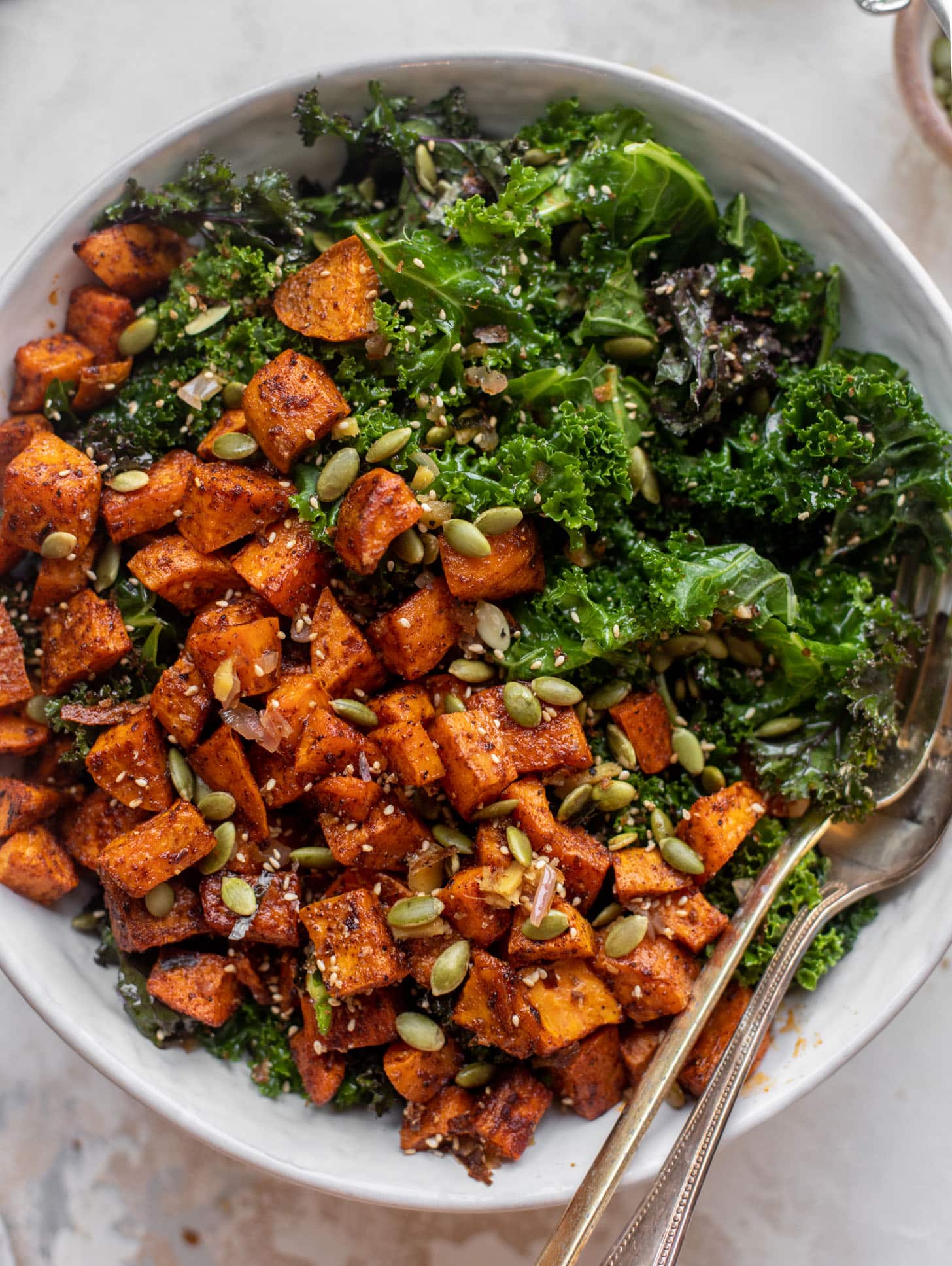 smoky sweet potato kale salad with hot ginger dressing