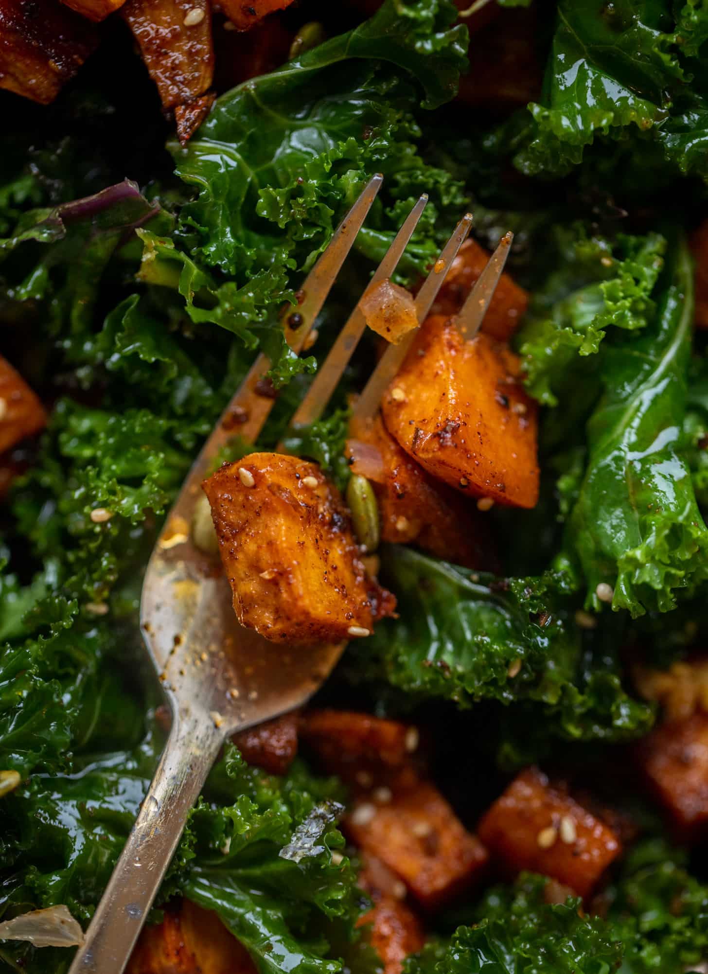 smoky sweet potato kale salad with hot ginger dressing