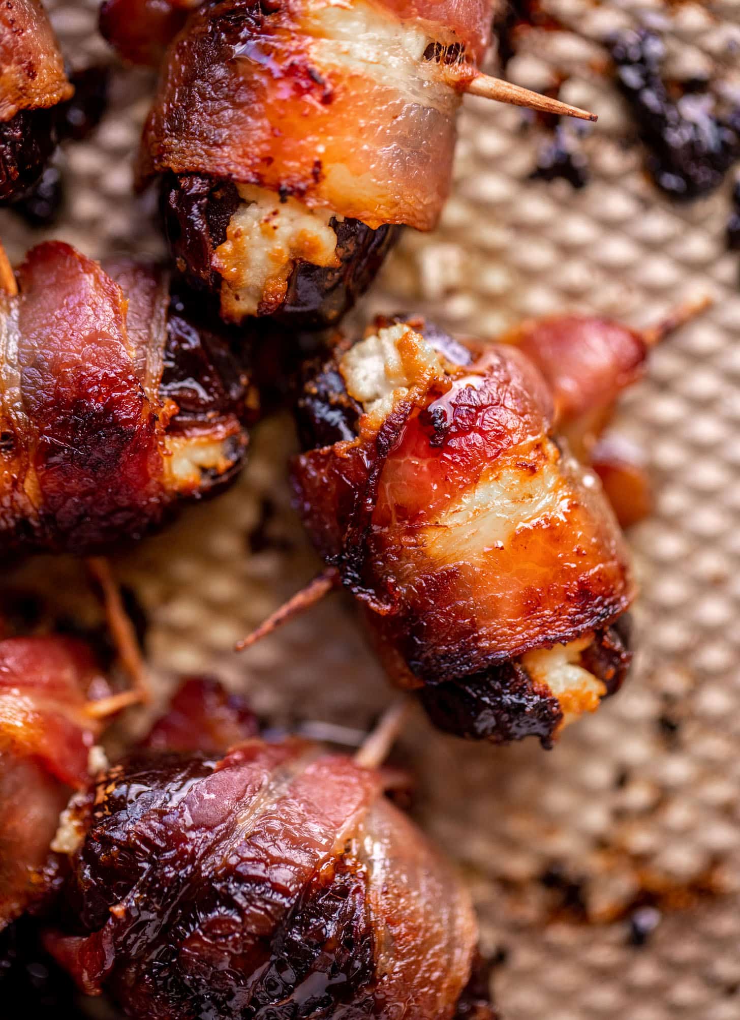 hot honey bacon wrapped goat cheese stuffed dates