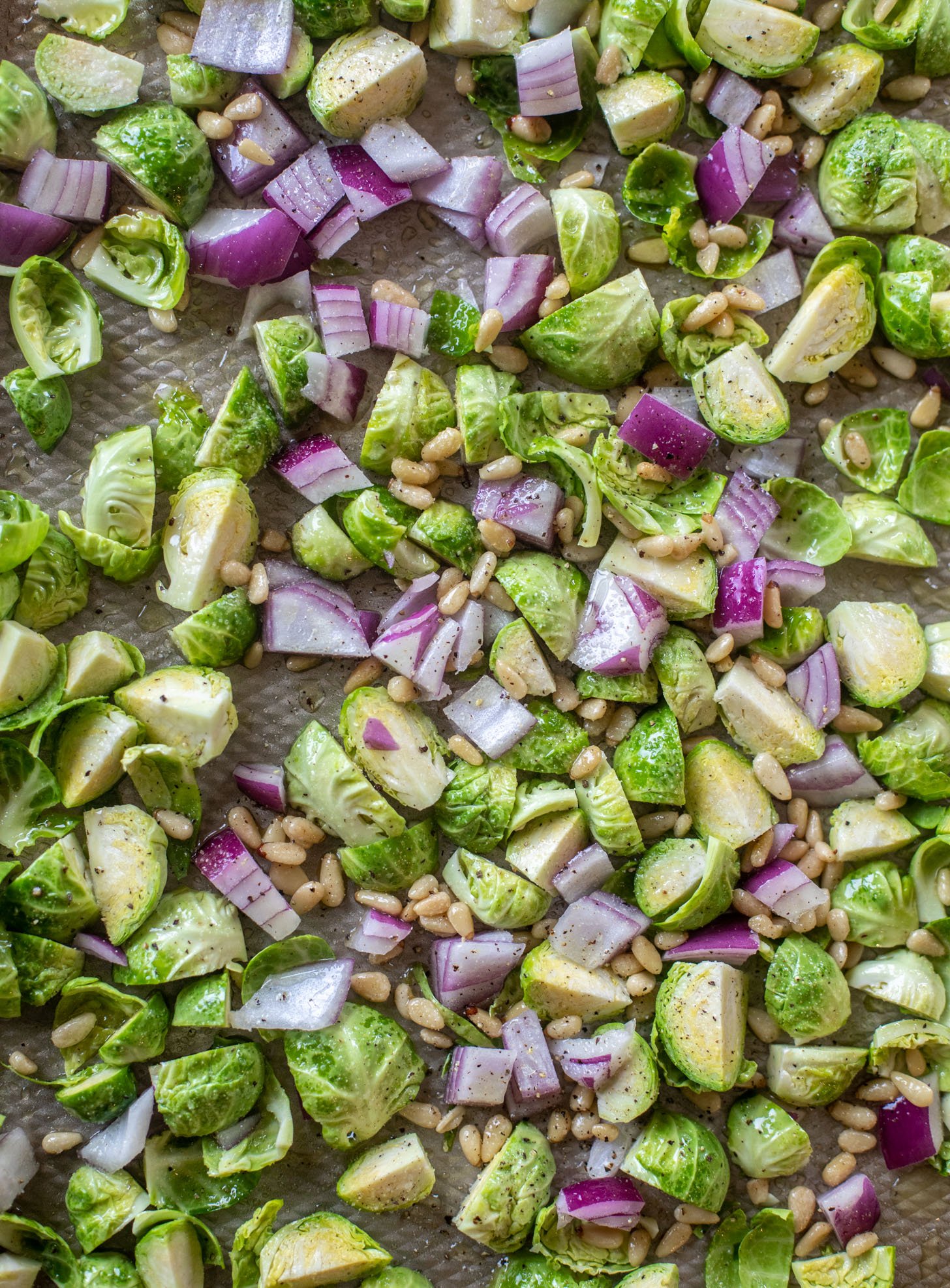 brussels sprouts, onions, pine nuts