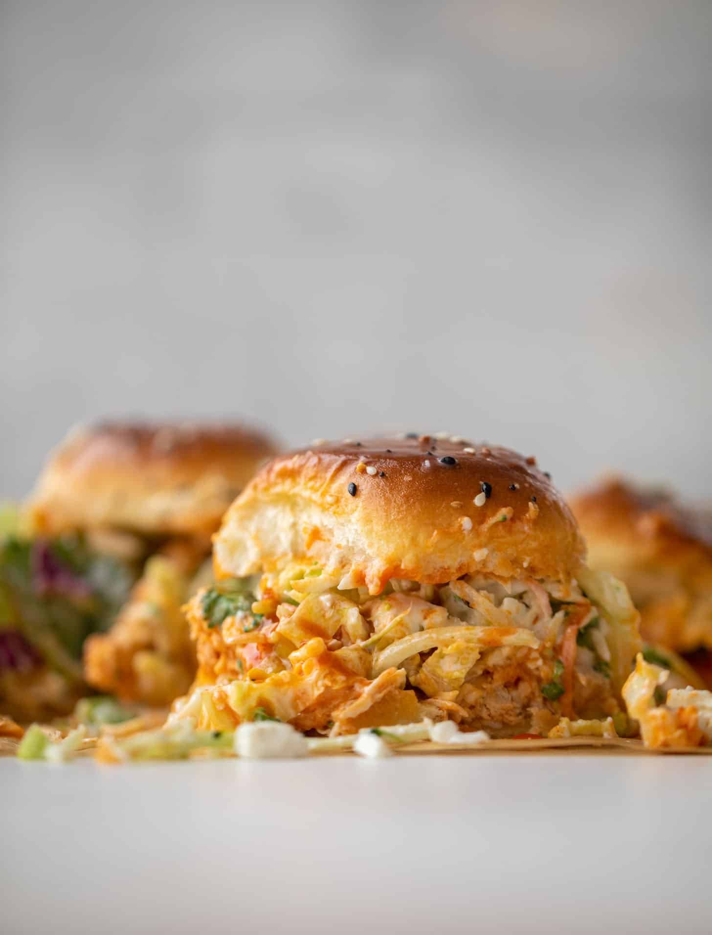 pull-apart buffalo chicken sliders with gorgonzola slaw