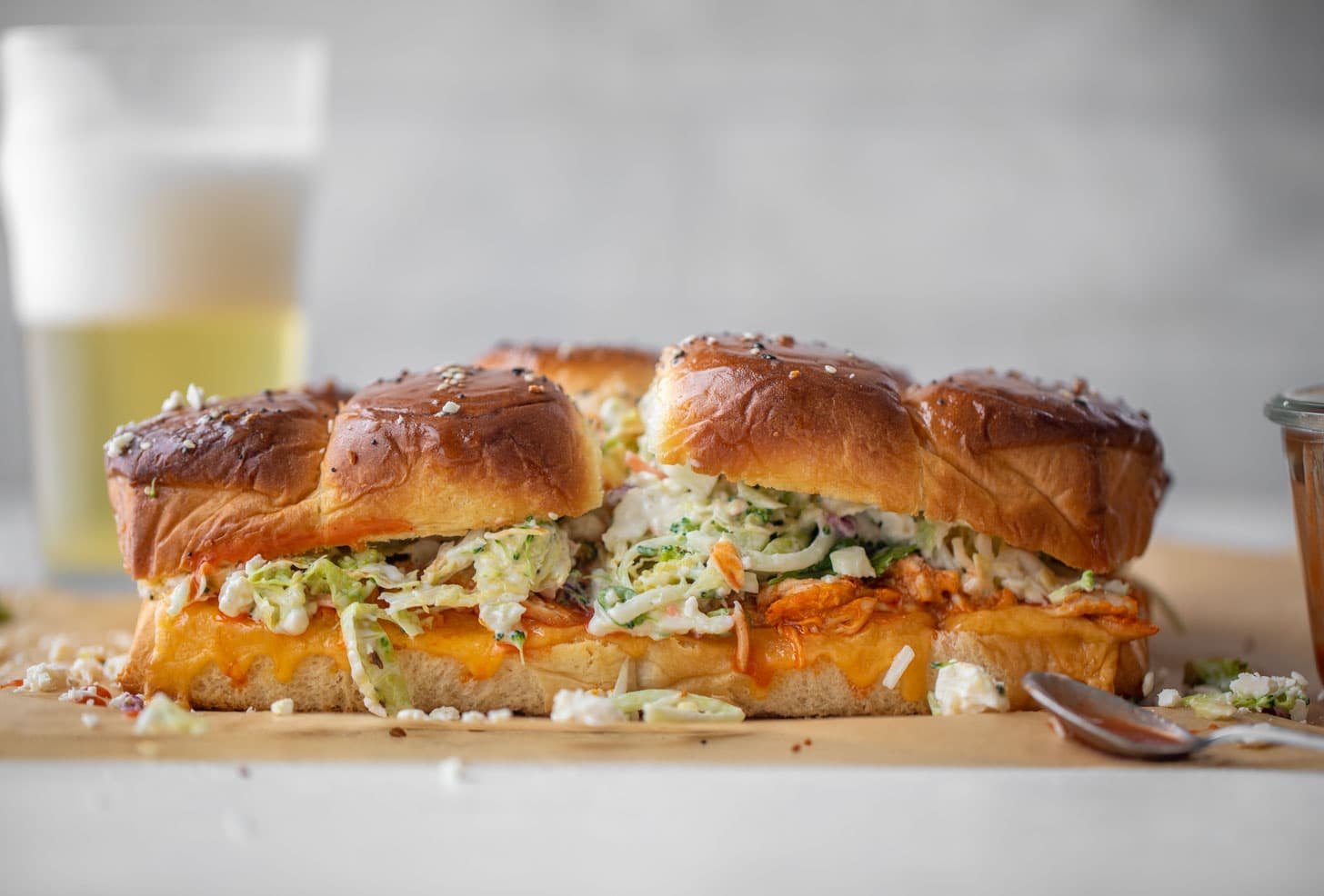 pull-apart buffalo chicken sliders with gorgonzola slaw