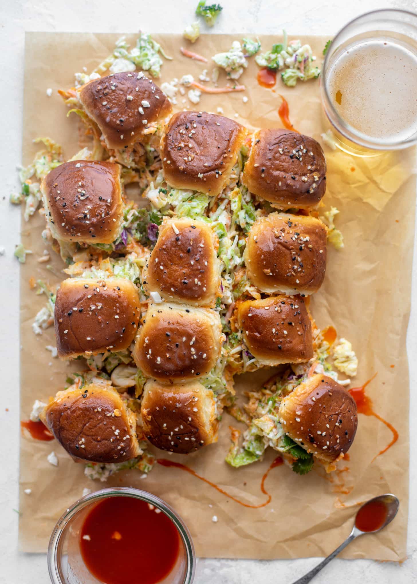 pull-apart buffalo chicken sliders with gorgonzola slaw