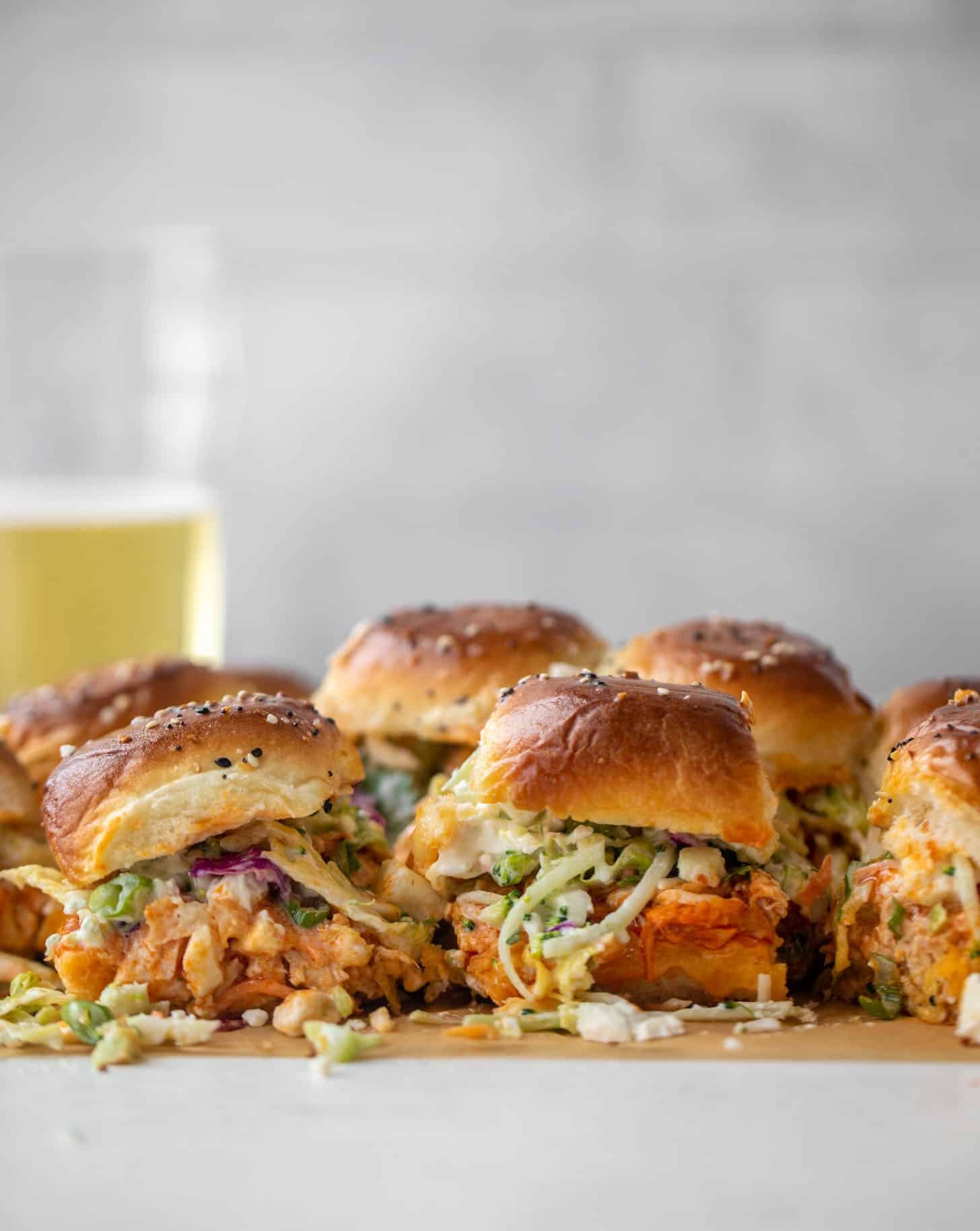 pull-apart buffalo chicken sliders with gorgonzola slaw