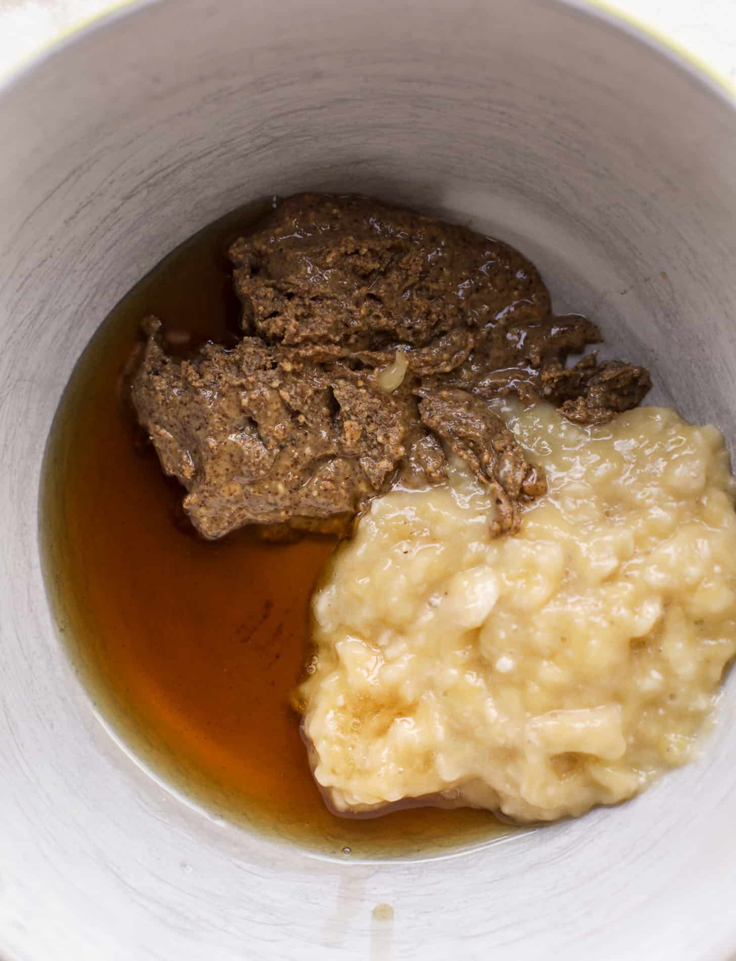 almond butter, maple syrup, bananas