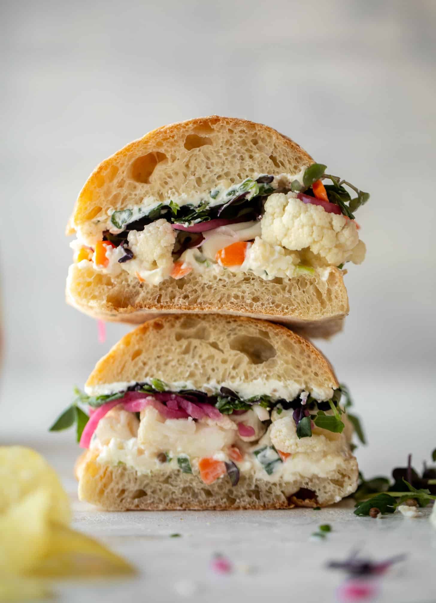 pickled veggie sandwich with scallion cream cheese