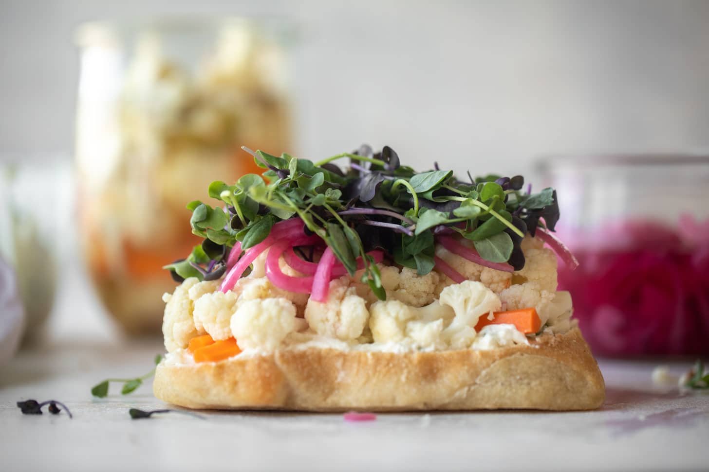 pickled veggie sandwich with scallion cream cheese