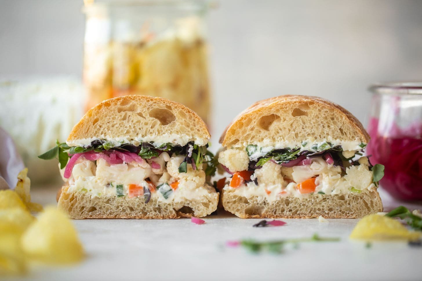 pickled veggie sandwich with scallion cream cheese