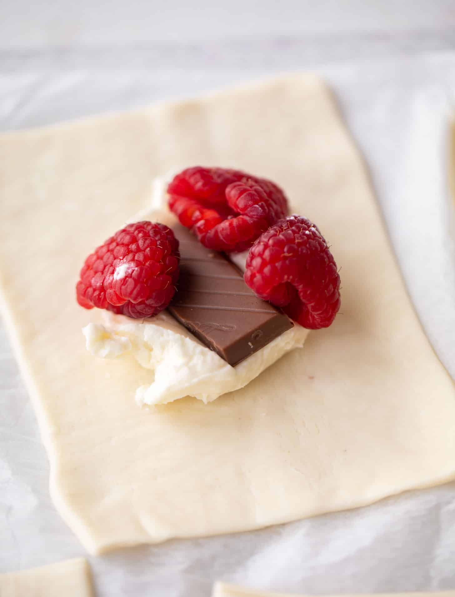 puff pastry with cream cheese, chocolate, raspberries