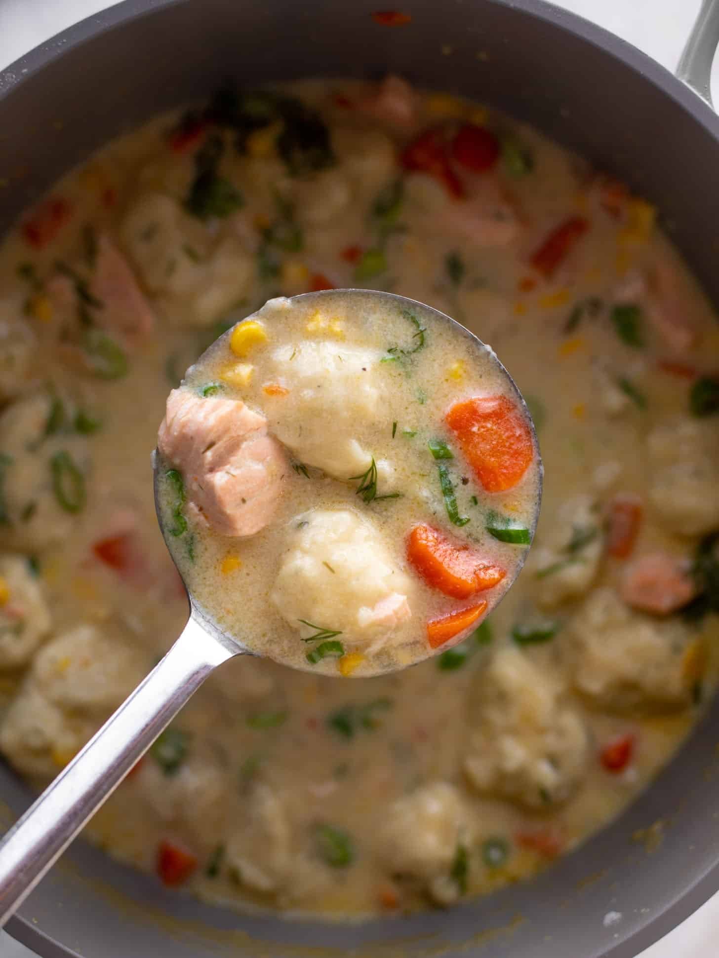 salmon chowder with dill dumplings