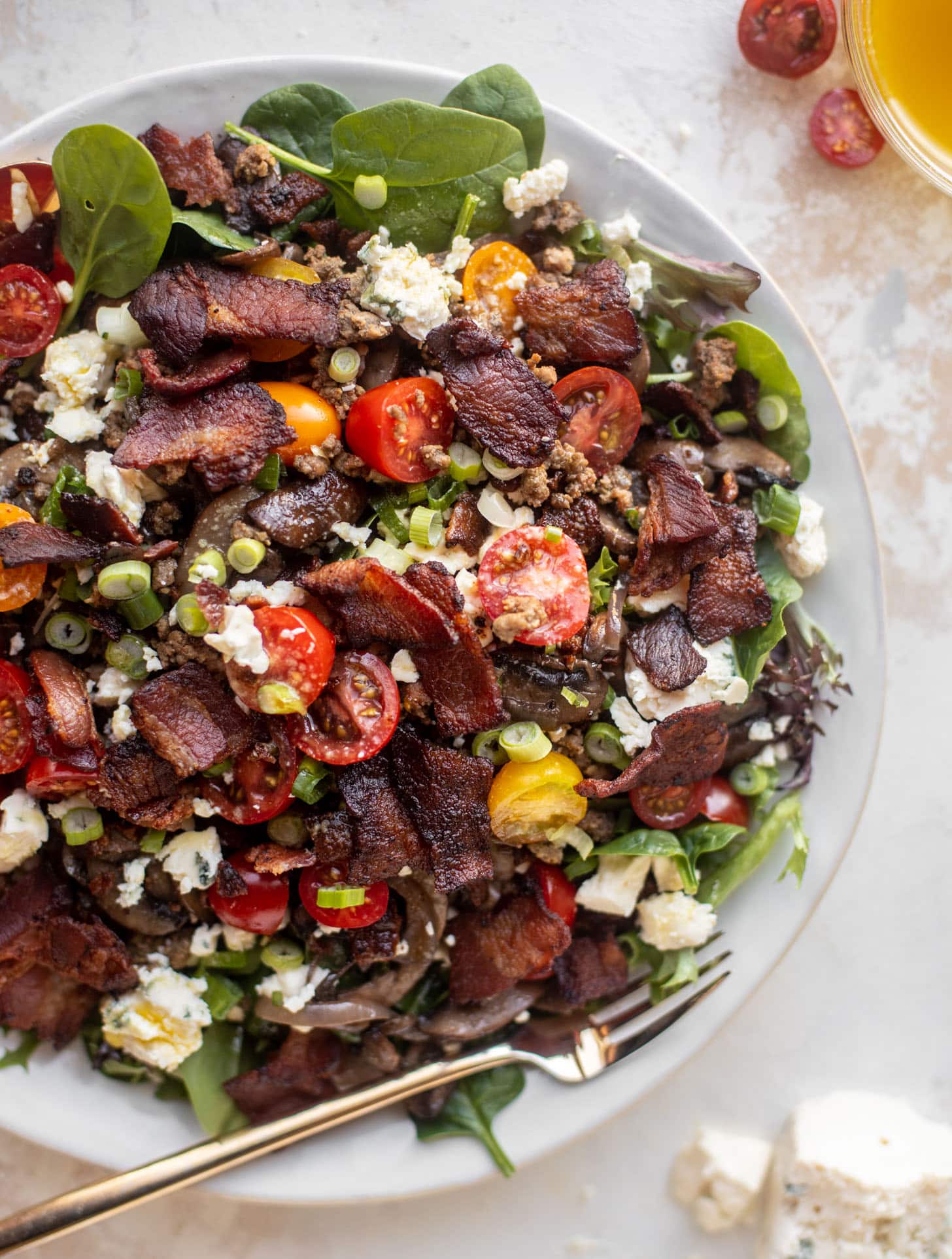 mushroom bacon burger salads with warm dijon vinaigrette