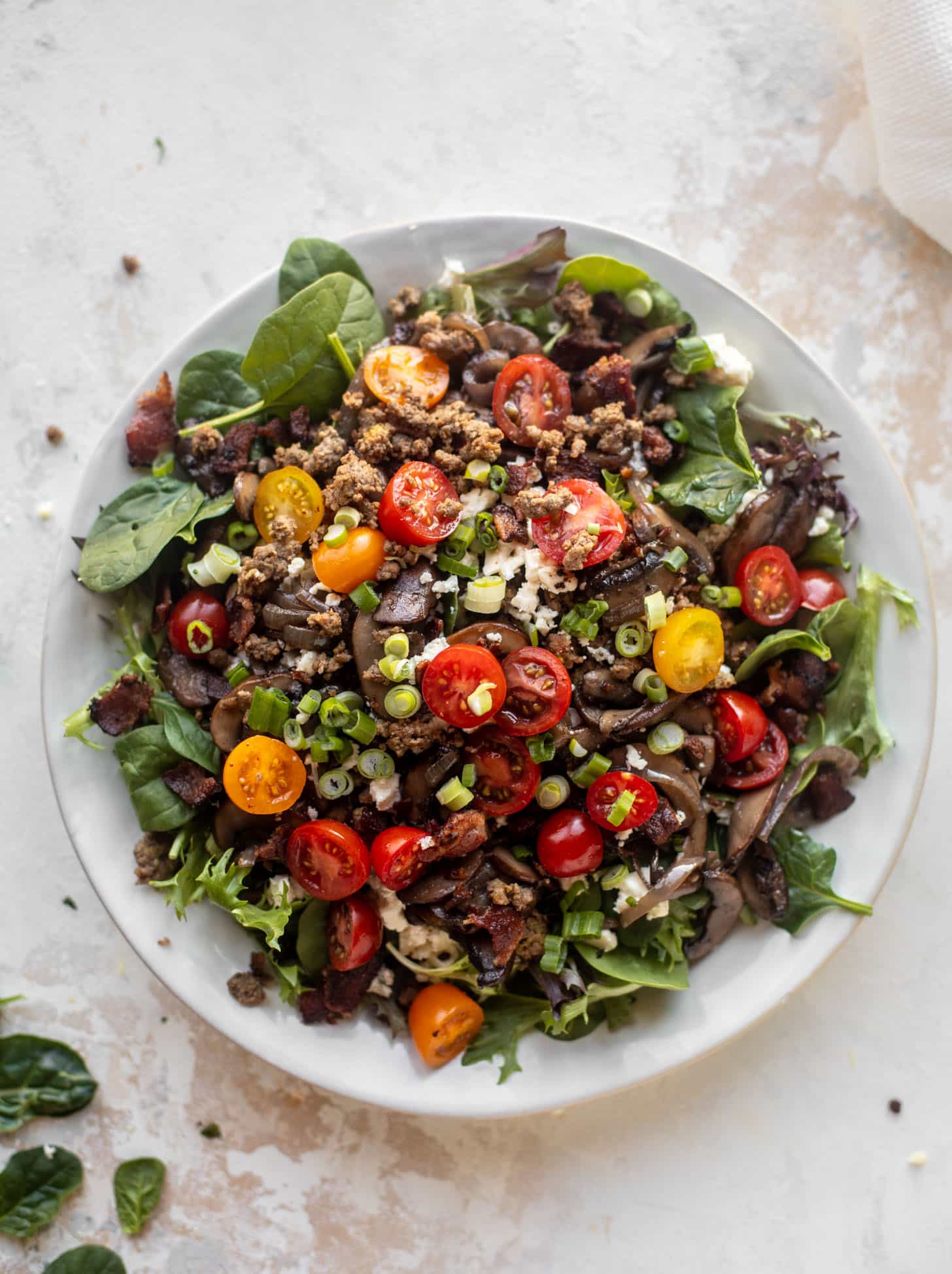 mushroom bacon burger salads with warm dijon vinaigrette