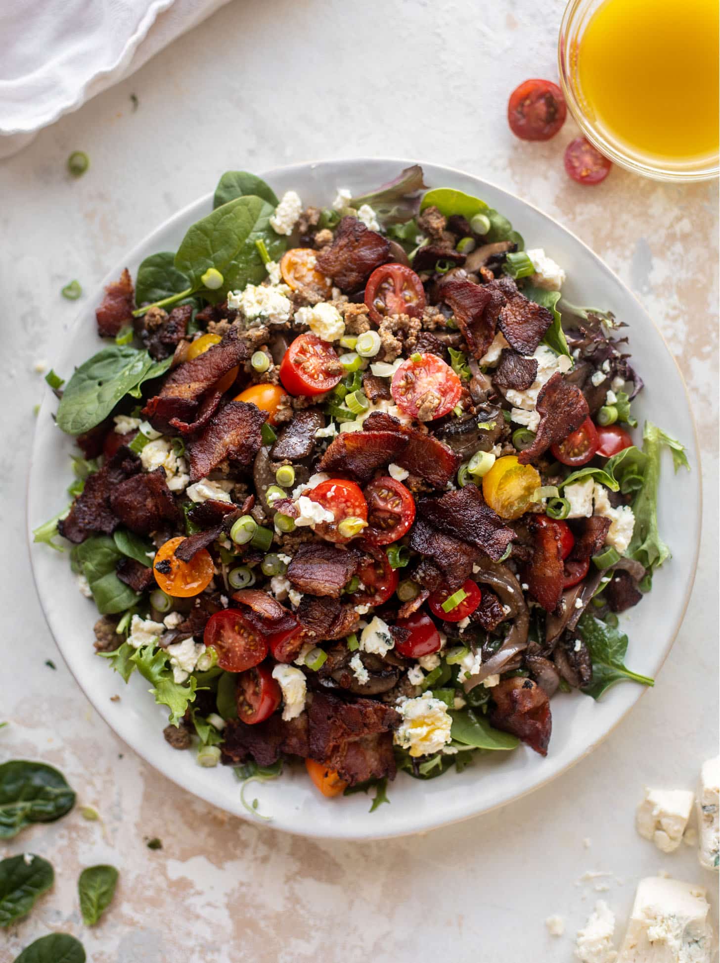 mushroom bacon burger salads with warm dijon vinaigrette