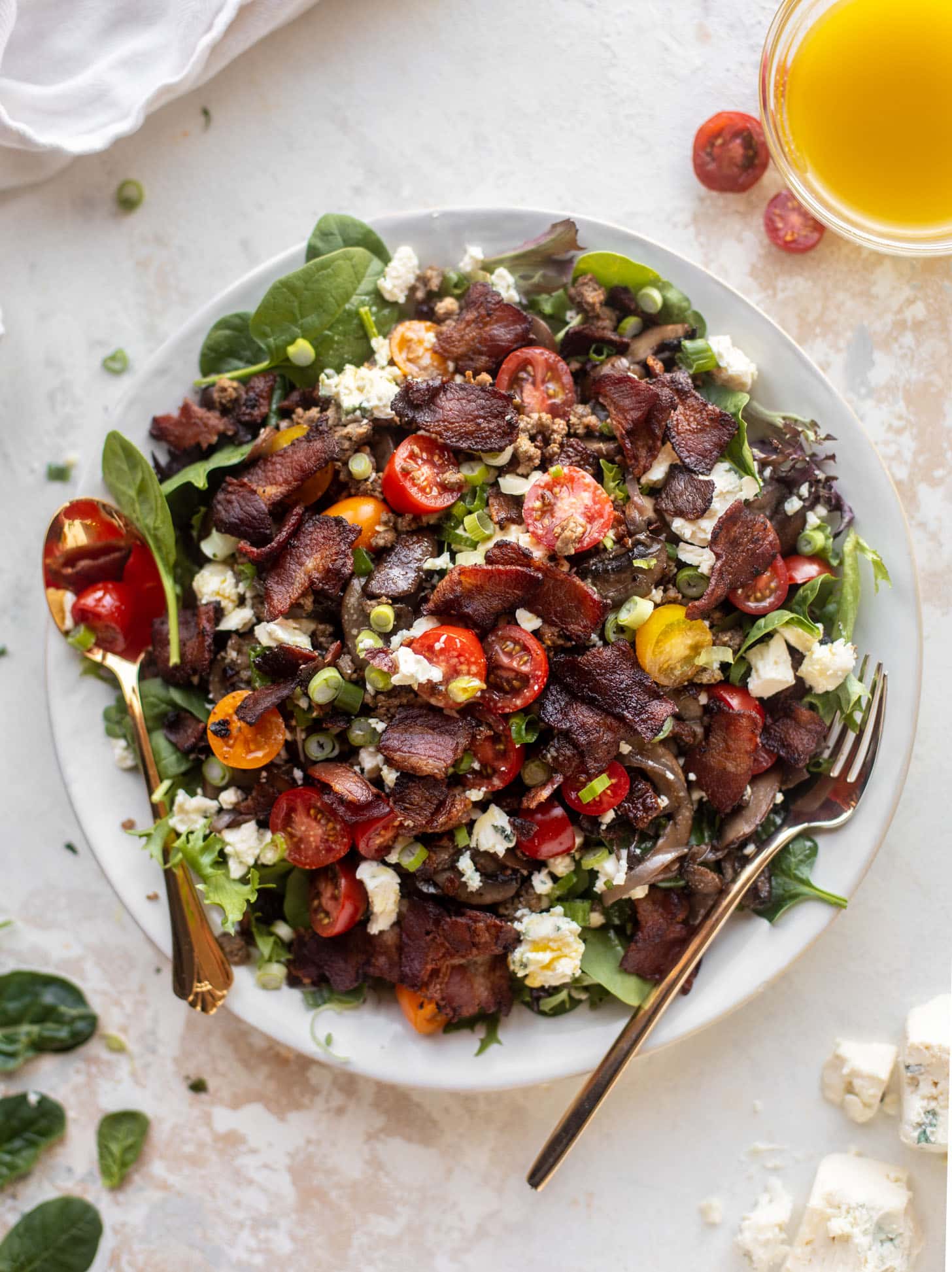 mushroom bacon burger salads with warm dijon vinaigrette