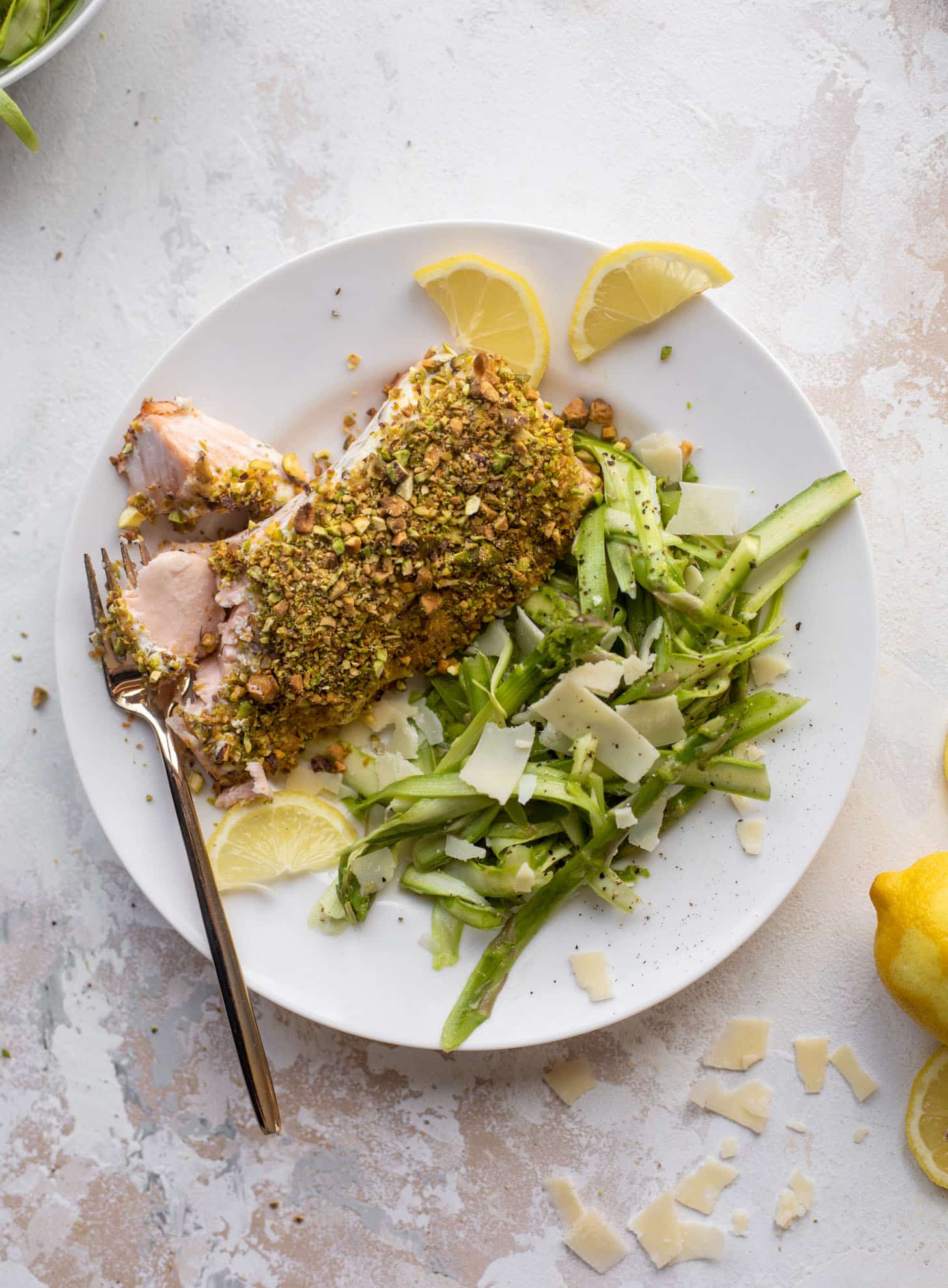 pistachio crusted salmon with shaved asparagus salad