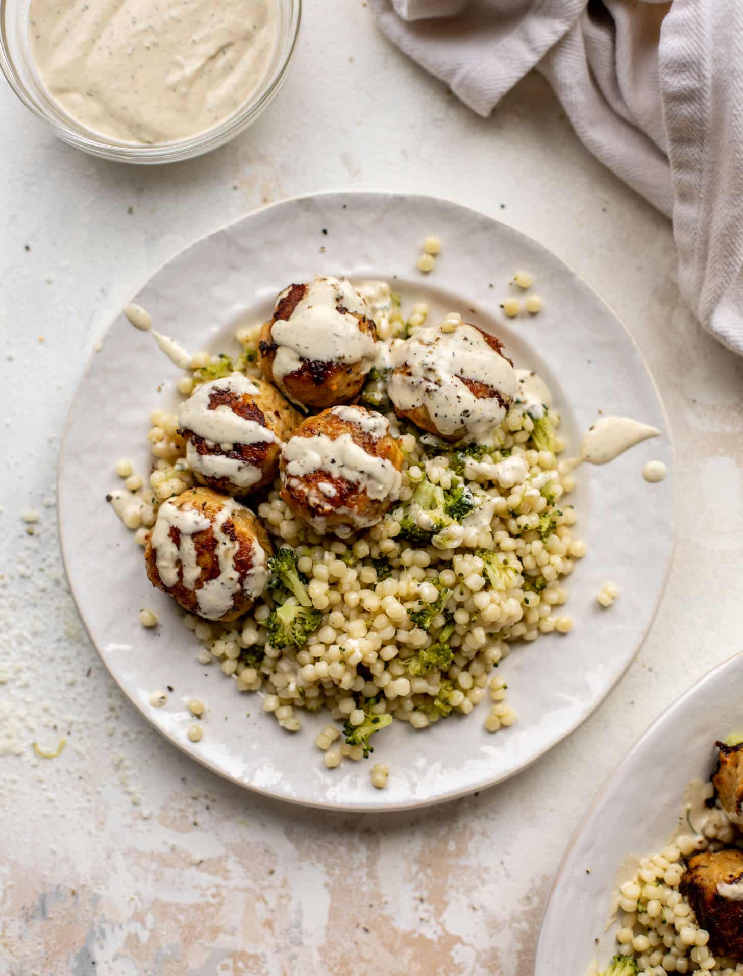 ranch chicken meatballs with broccoli couscous