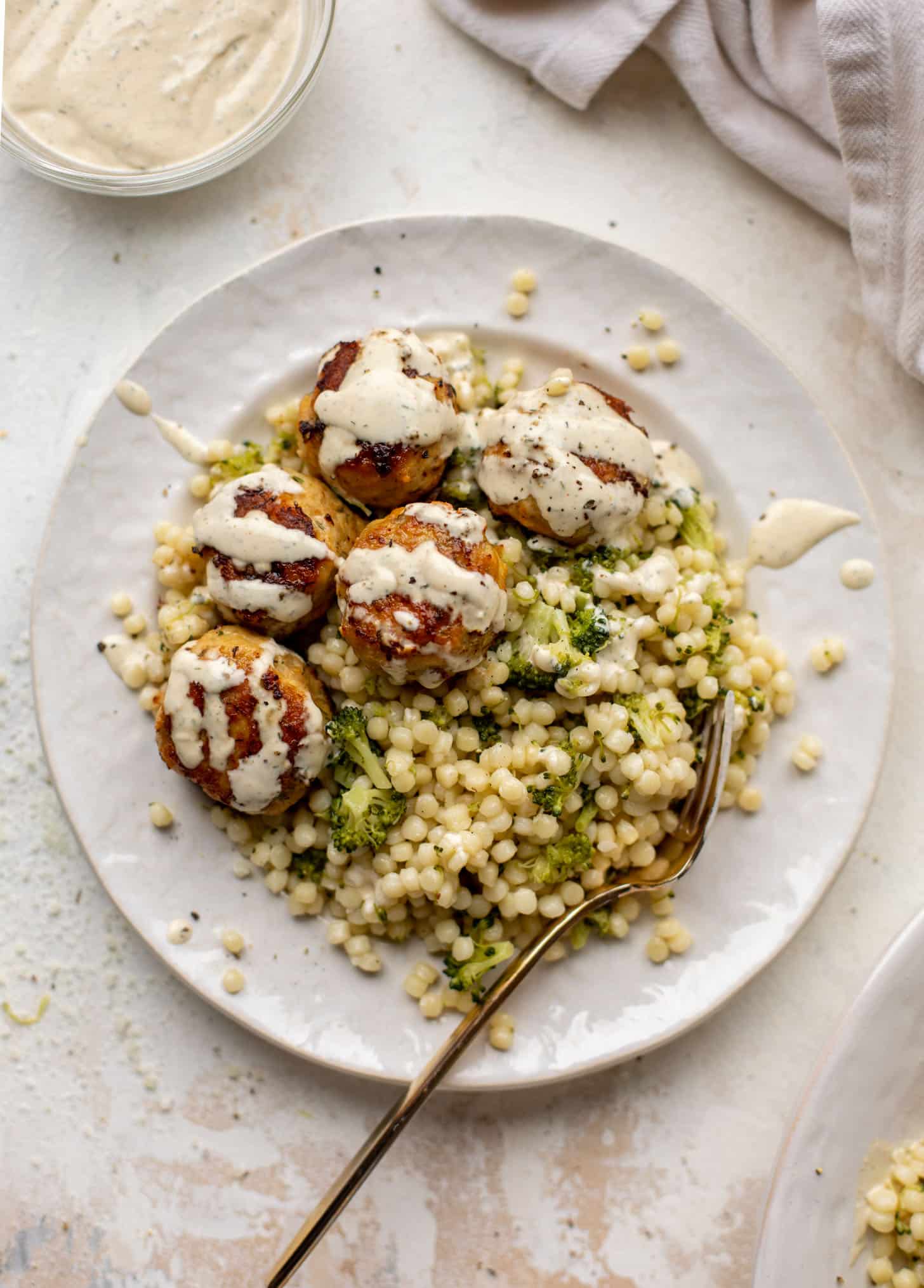 ranch chicken meatballs with broccoli couscous