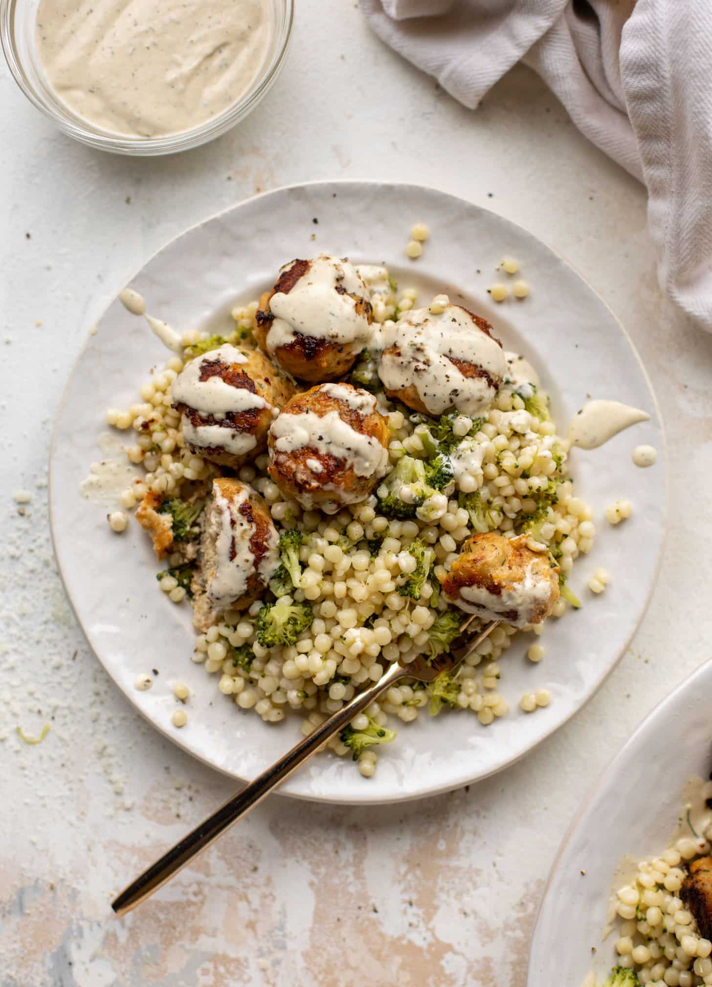 ranch chicken meatballs with broccoli couscous