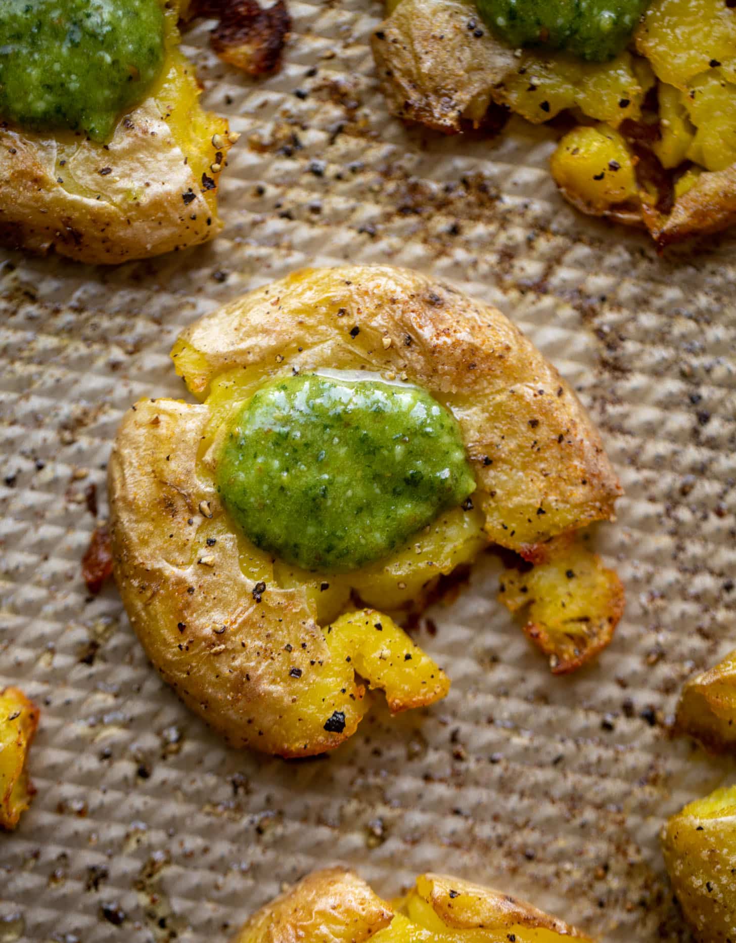 crispy pesto smashed potatoes