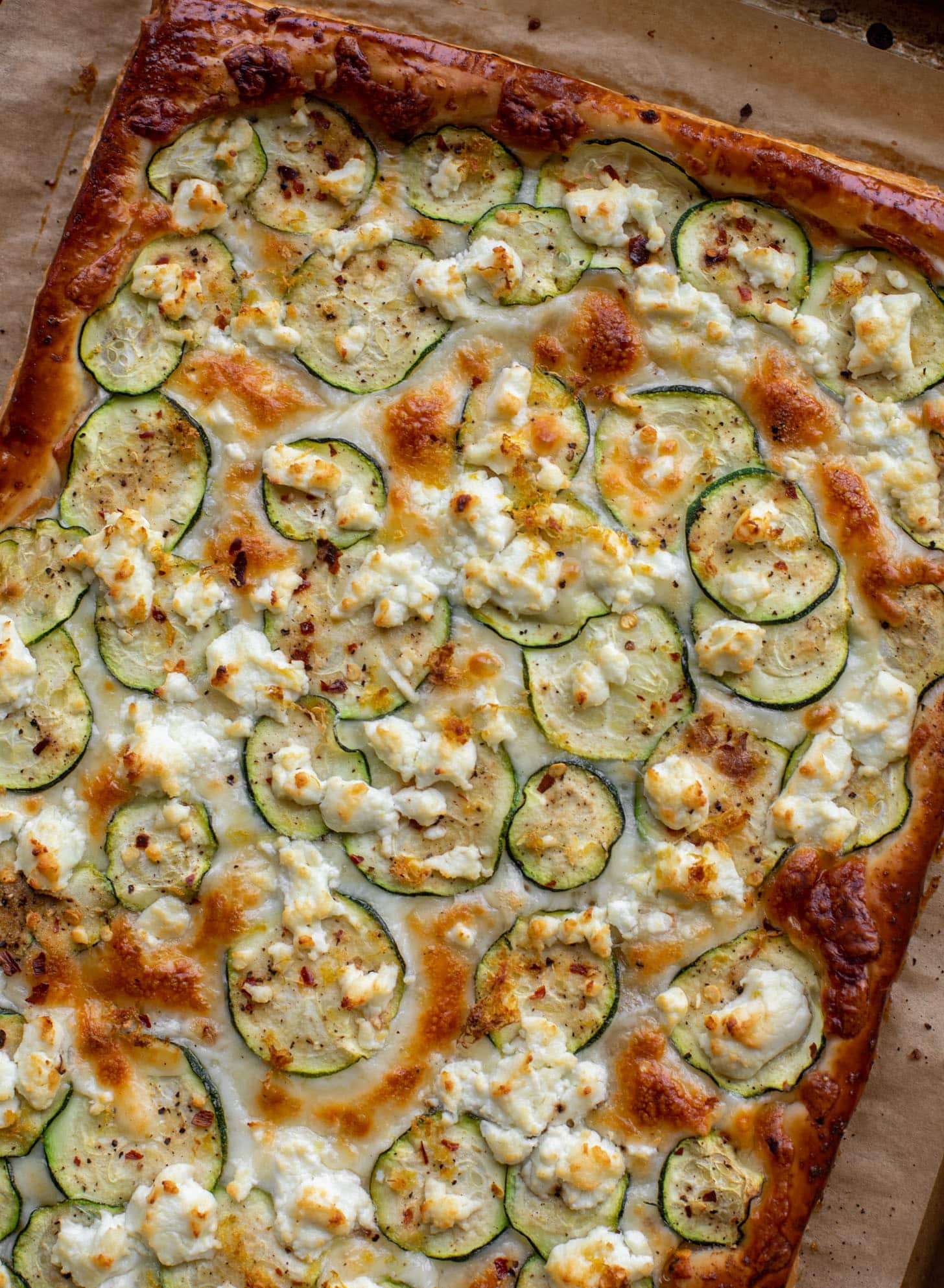 zucchini, lemon & goat cheese puff pastry pizza