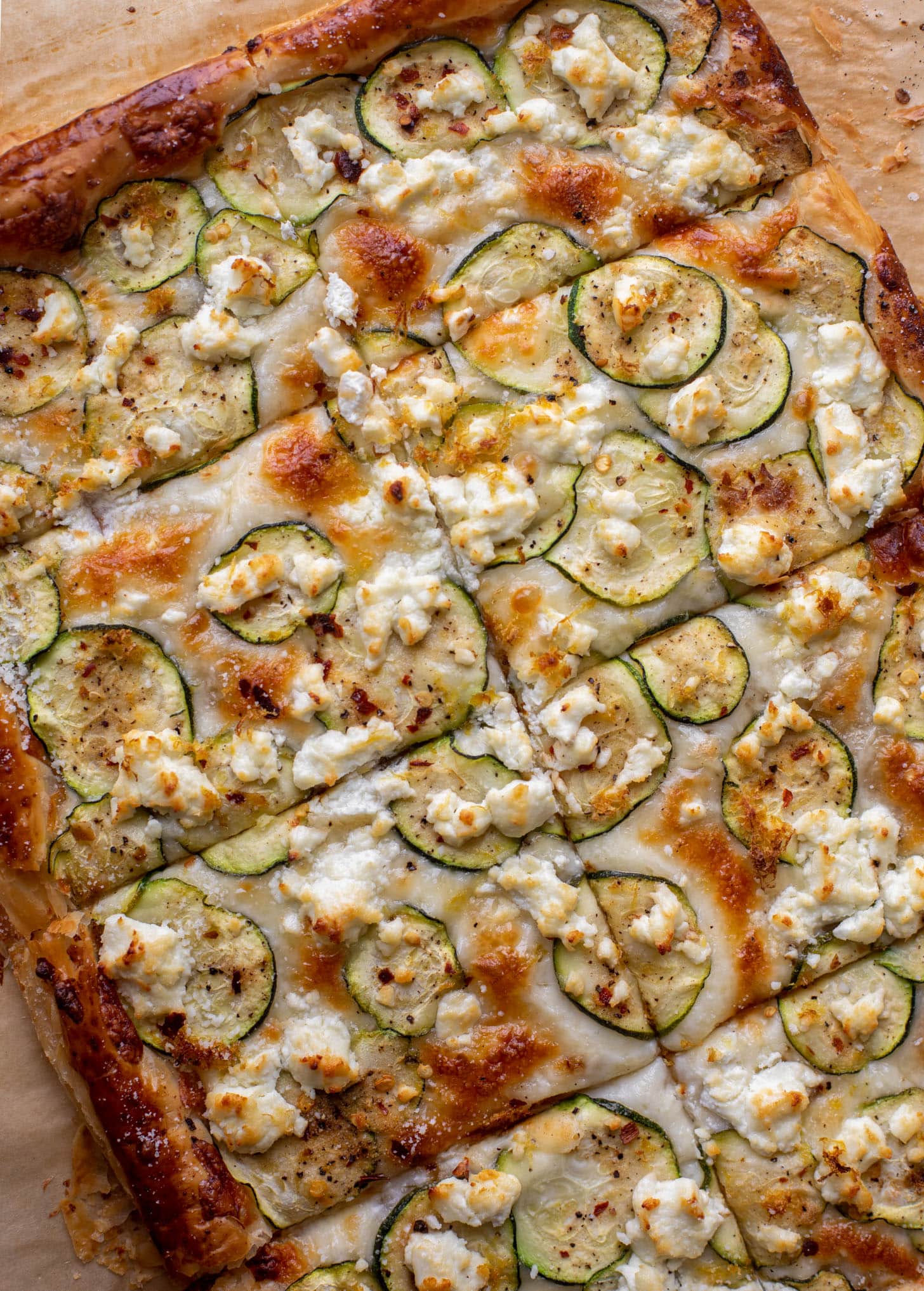 zucchini, lemon & goat cheese puff pastry pizza
