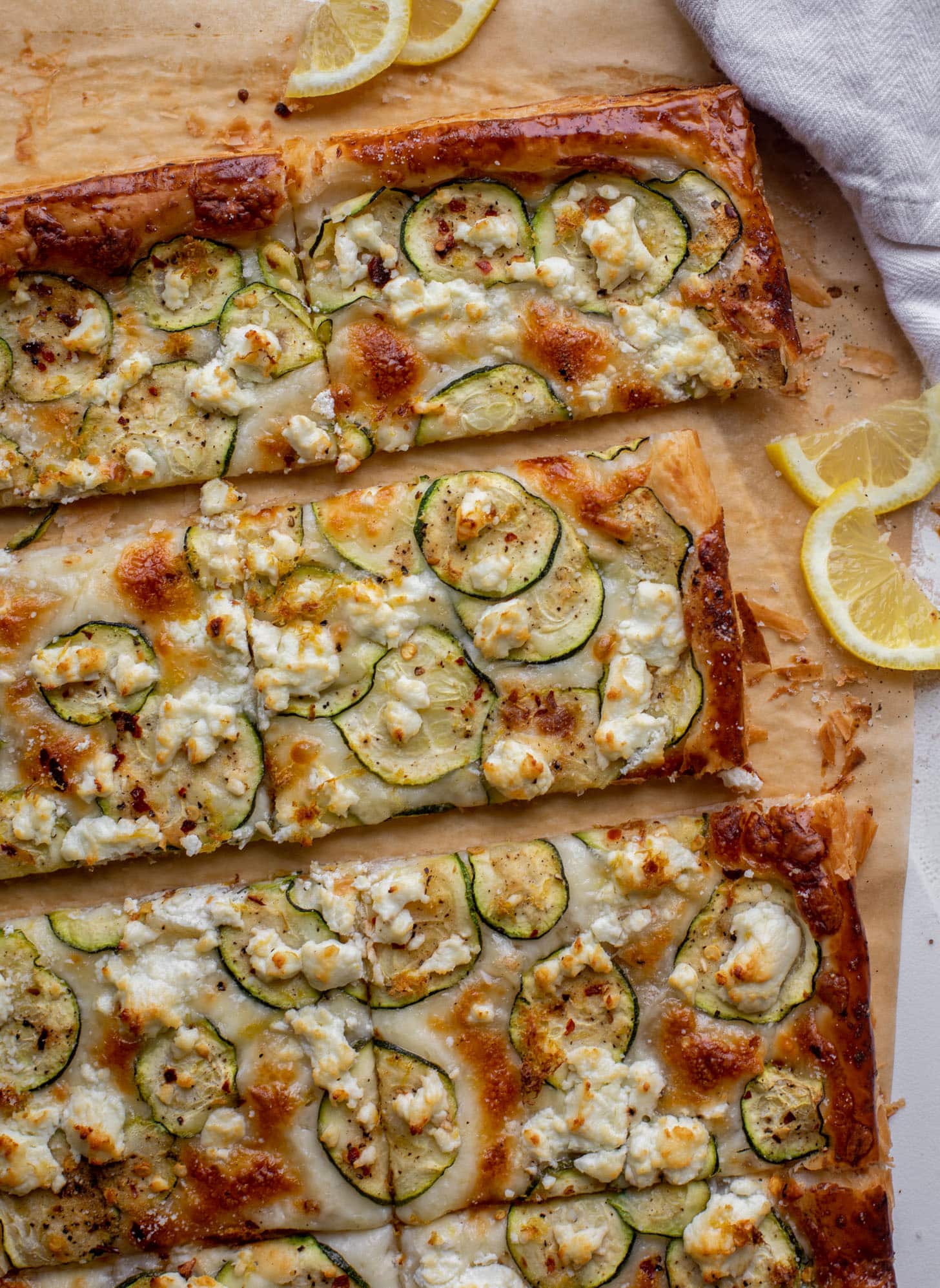 zucchini, lemon & goat cheese puff pastry pizza